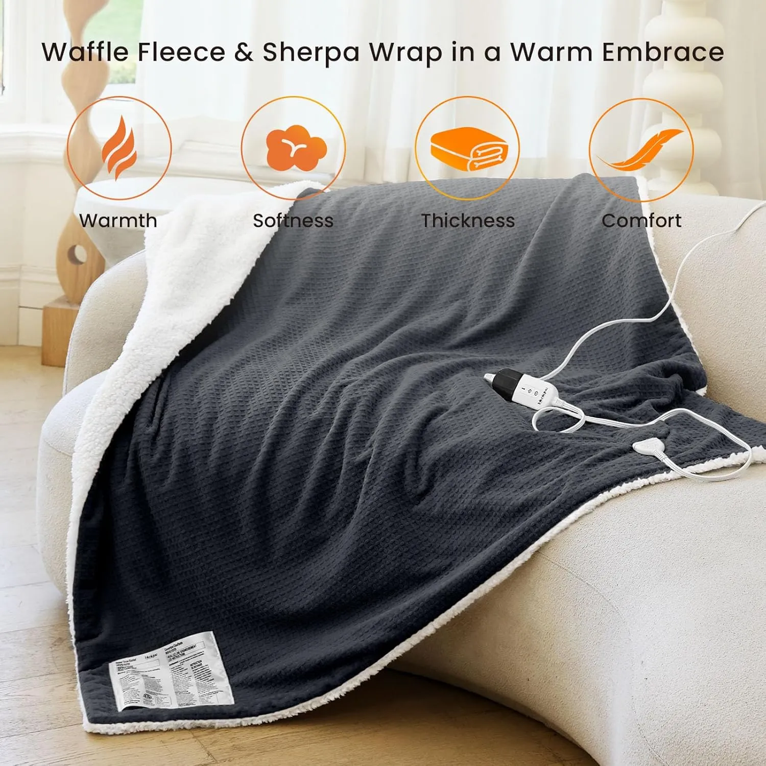 Heated Blanket Electric Blanket Twin Waffle, 62x84 Inches Sherpa Fleece Fast Heating Blanket 6 Heating Levels & 10 Hours Auto Off ETL Certification, Charcoal Ash Twin