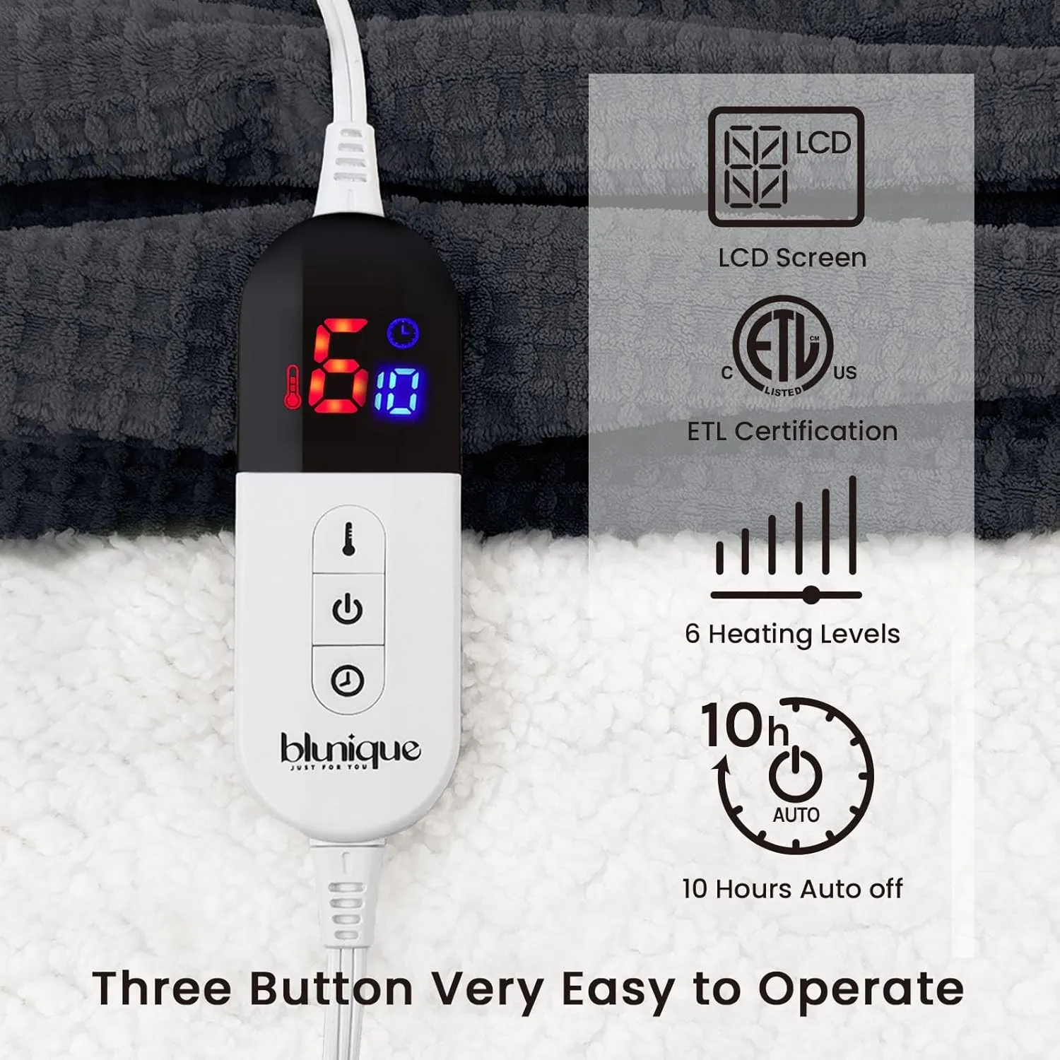 Heated Blanket Electric Blanket Twin Waffle, 62x84 Inches Sherpa Fleece Fast Heating Blanket 6 Heating Levels & 10 Hours Auto Off ETL Certification, Charcoal Ash Twin
