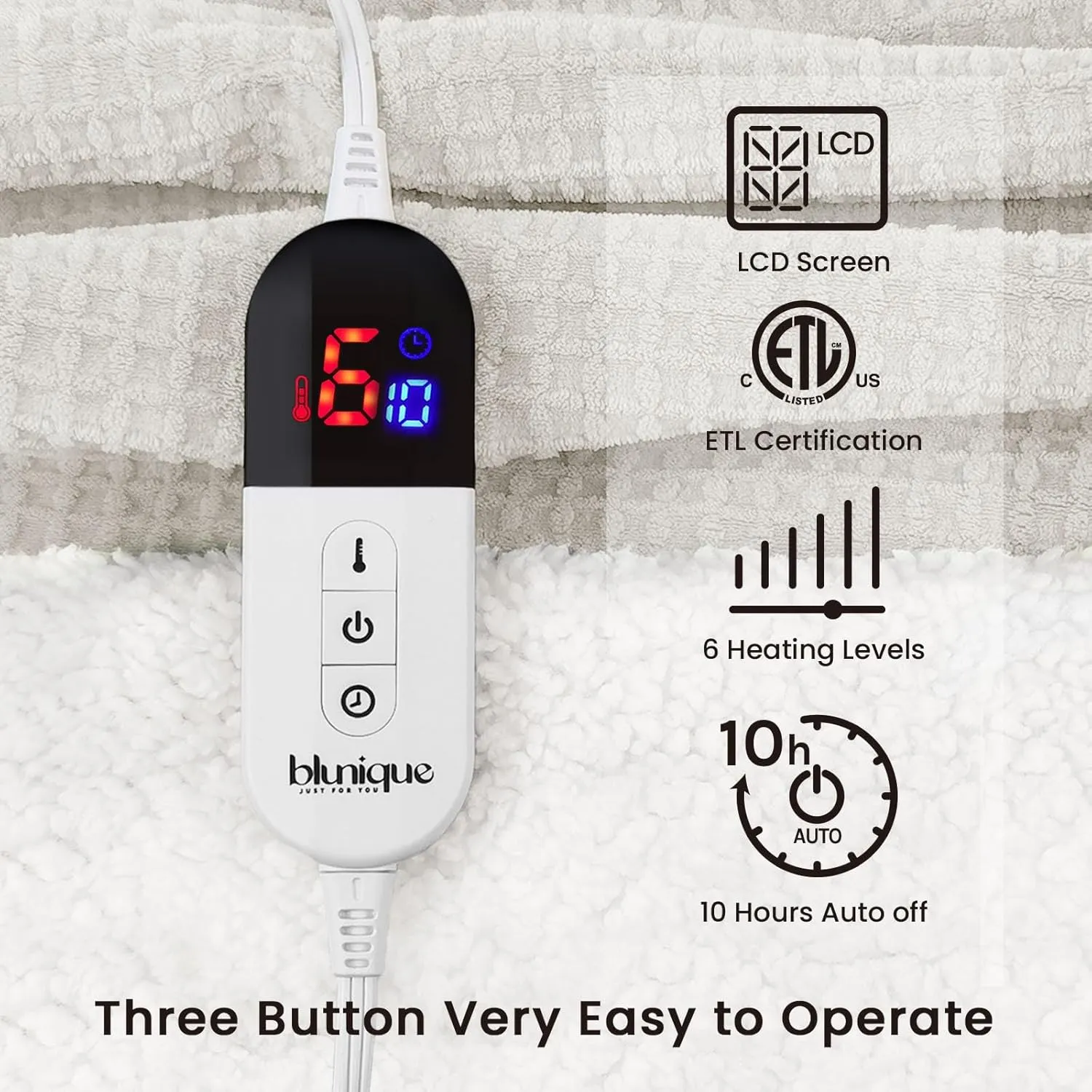 Heated Blanket Electric Blanket Twin Waffle, 62x84 Inches Sherpa Fleece Fast Heating Blanket 6 Heating Levels & 10 Hours Auto Off ETL Certification, Light Gray Twin