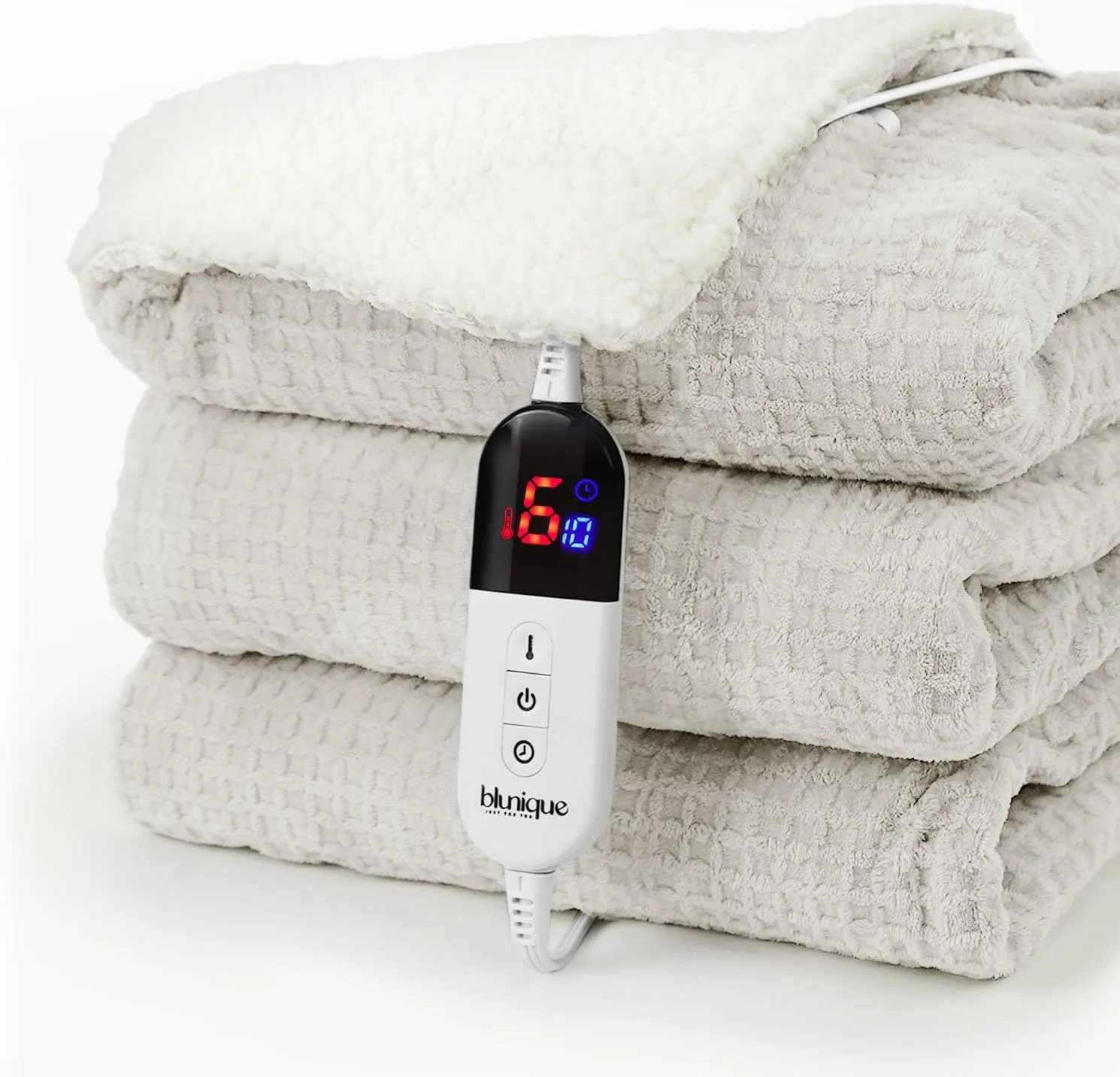 Heated Blanket Electric Blanket Twin Waffle, 62x84 Inches Sherpa Fleece Fast Heating Blanket 6 Heating Levels & 10 Hours Auto Off ETL Certification, Light Gray Twin