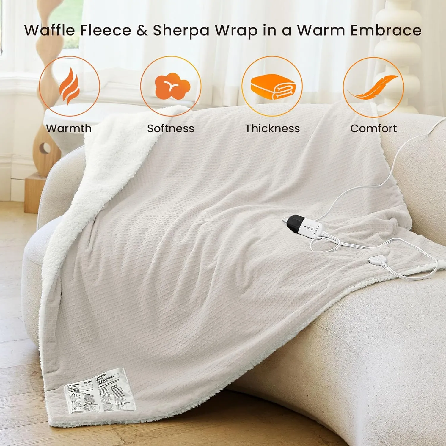 Heated Blanket Electric Blanket Twin Waffle, 62x84 Inches Sherpa Fleece Fast Heating Blanket 6 Heating Levels & 10 Hours Auto Off ETL Certification, Light Gray Twin