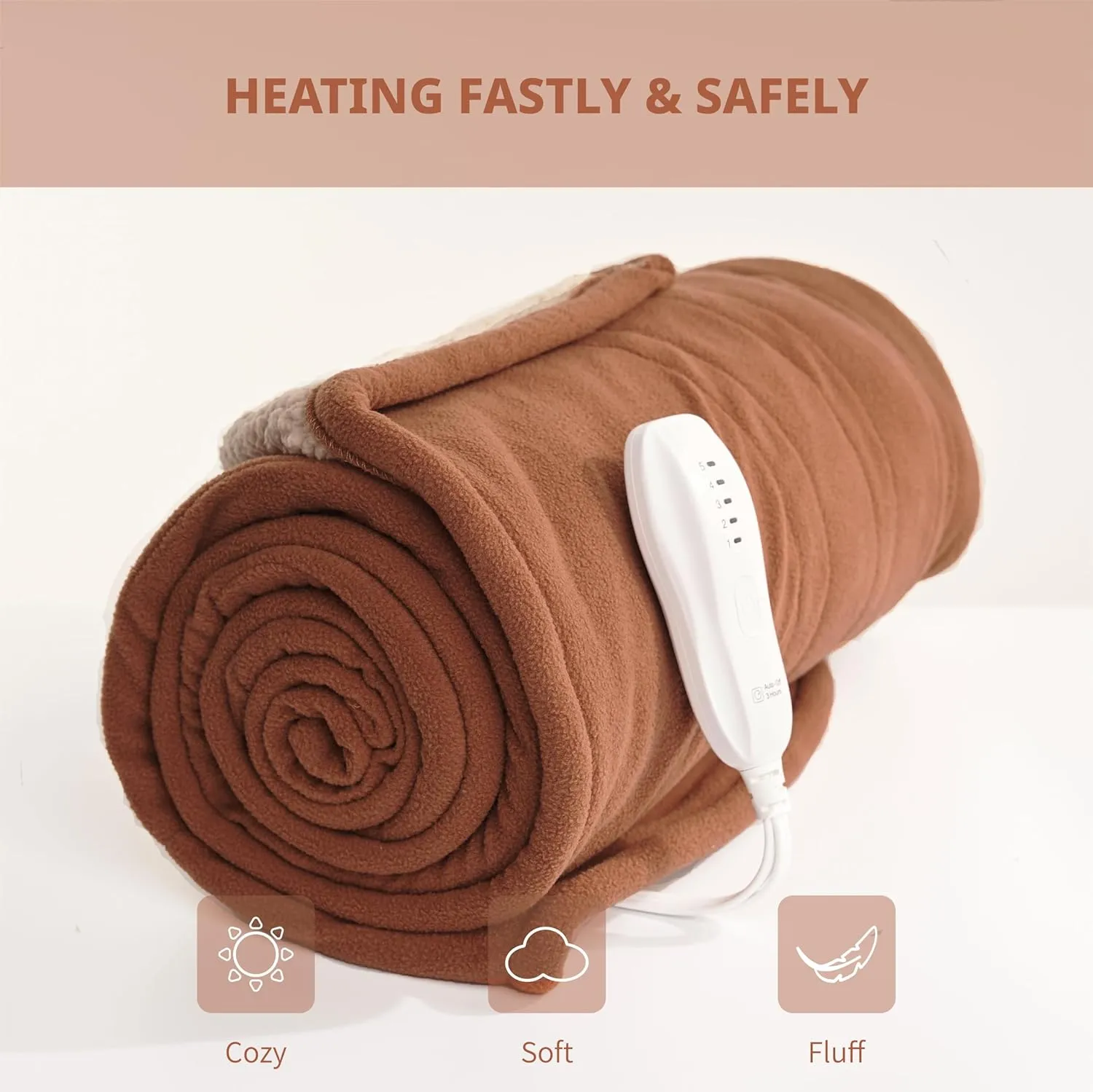 Heated Blanket-Electric Blanket,50"x60" Soft Heated Throw Blanket with 5 Heating Levels & 3 Hours auto-Off,Over-Heat Protection Fast-Heating,Machine Washable（Nut）