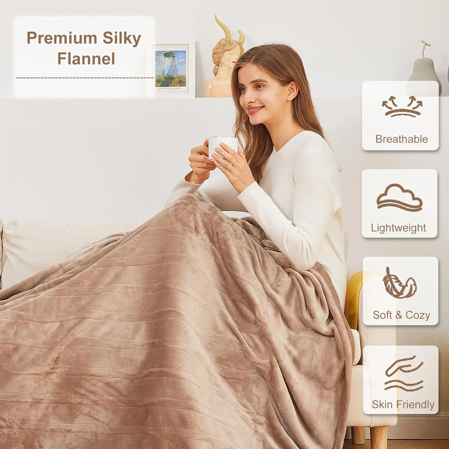 Heated Blanket Electric Throw, 50" x 60" Electric Blanket with 5 Heating Levels & 4 Hours Timer, Soft Cozy Flannel Heating Throw Blanket with Overheating Protection for Home Office Use