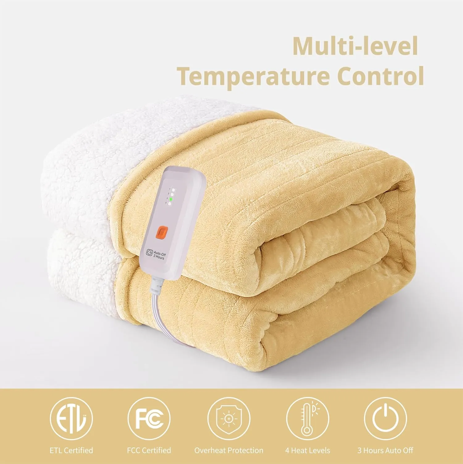 Heated Blanket Electric Throw 50" x 60" -Heated Throw Blanket with 4 Heating Levels & 3 Hours Auto Off,Machine Washable,ETL & FCC Certification,Over-Heat Protect（Cheesy Yellow）
