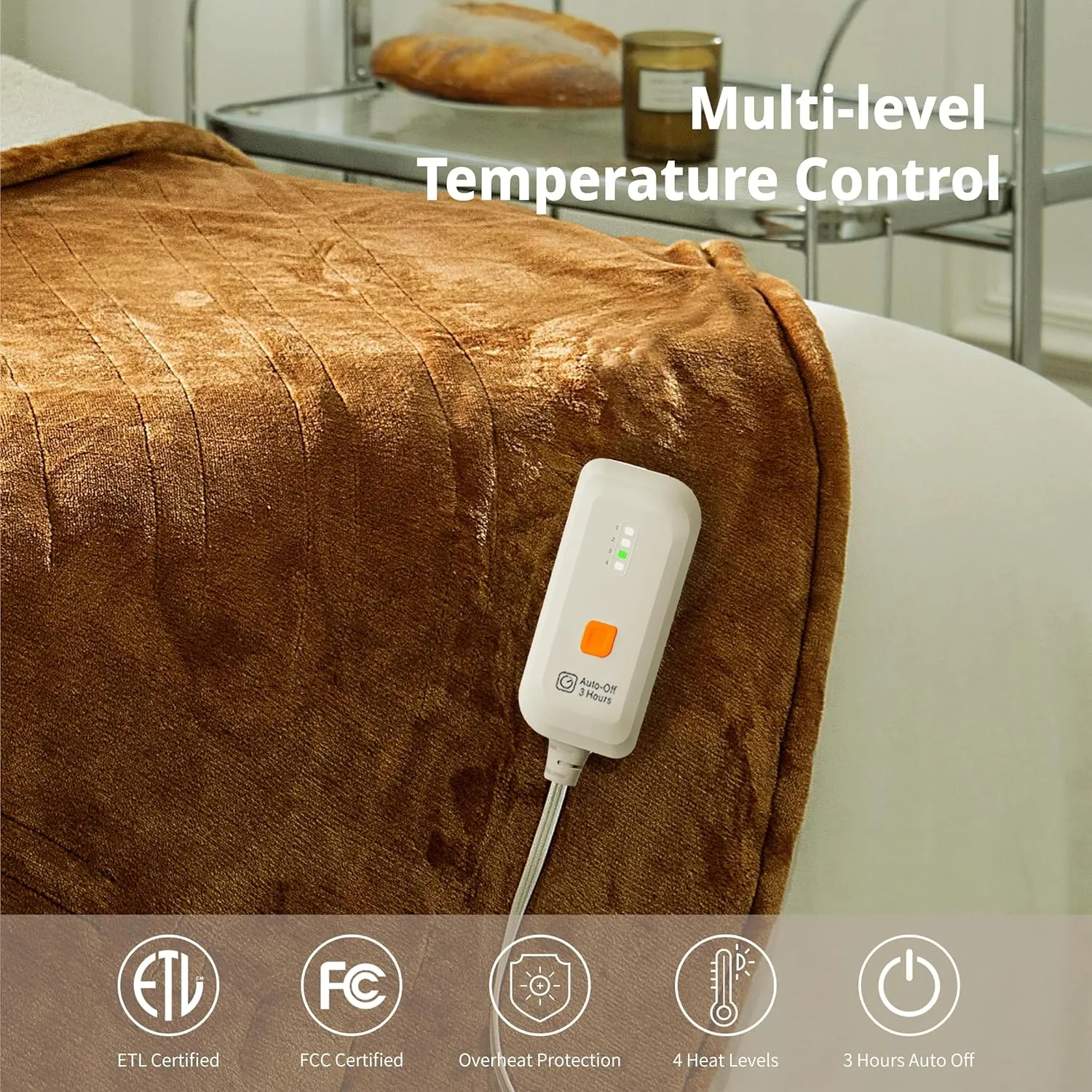 Heated Blanket Electric Throw 50" x 60" -Heated Throw Blanket with 4 Heating Levels & 3 Hours Auto Off,Machine Washable,ETL & FCC Certification,Over-Heat Protect（Cocoa Brown）