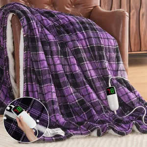 Heated Blanket Electric Throw, 50X60, Heating Throw with 10 Heating Levels & 8 Hours Auto Off, Purple Plaid Checkered Sherpa Blanket Warmer for Adults, Couch Bed Office Use, Fast Heating Washable, ETL