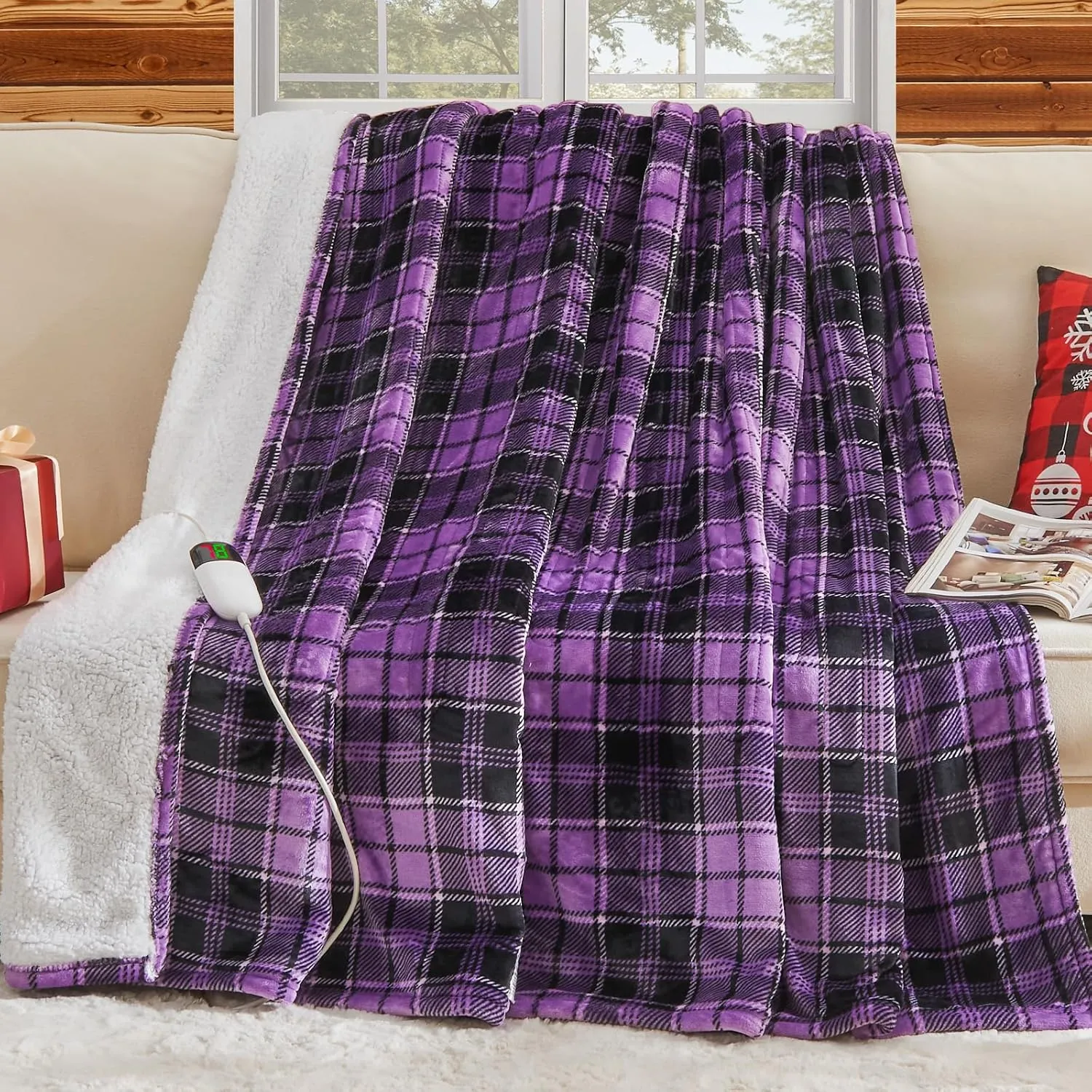 Heated Blanket Electric Throw, 50X60, Heating Throw with 10 Heating Levels & 8 Hours Auto Off, Purple Plaid Checkered Sherpa Blanket Warmer for Adults, Couch Bed Office Use, Fast Heating Washable, ETL