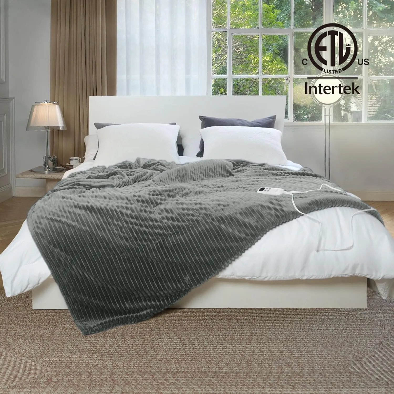 Heated Blanket Electric Throw, 50x60 Inches Sherpa Fleece Fast Heating Blanket 6 Heating Levels & 4 Hours Auto Off ETL Certification,Striped-Grey Throw
