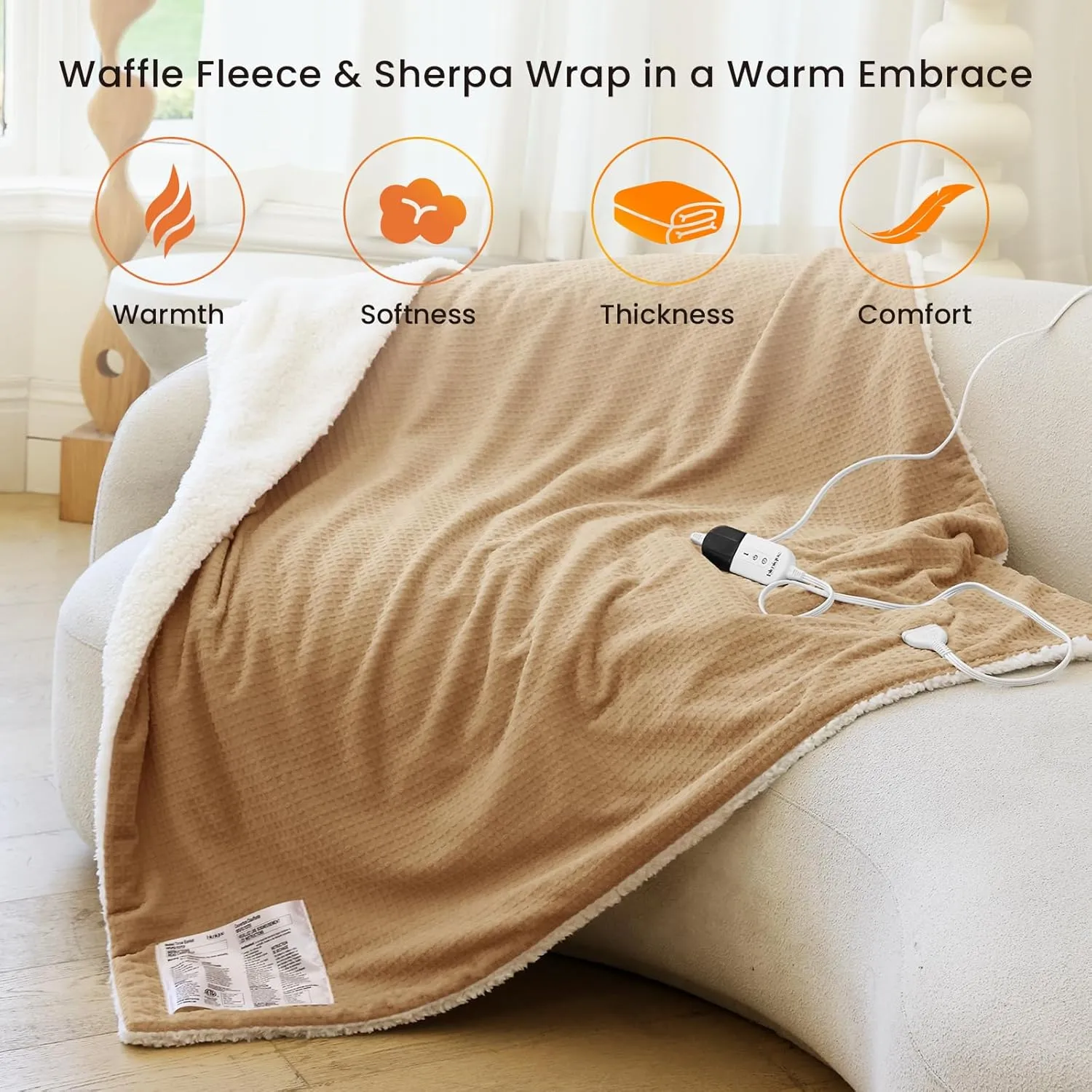 Heated Blanket Electric Throw Waffle, 50x60 Inches Sherpa Fleece Fast Heating Blanket 6 Heating Levels & 4 Hours Auto Off ETL Certification, Apricot Orange Throw