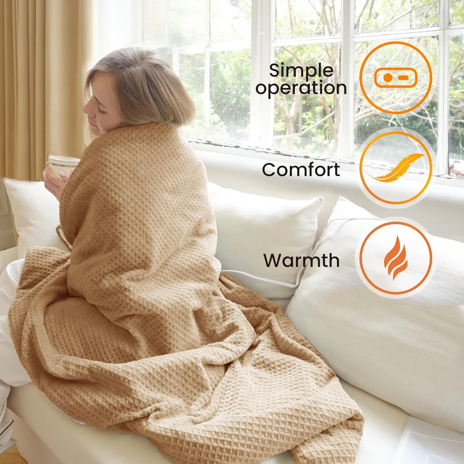 Heated Blanket Electric Throw Waffle, 50x60 Inches Sherpa Fleece Fast Heating Blanket 6 Heating Levels & 4 Hours Auto Off ETL Certification, Apricot Orange Throw