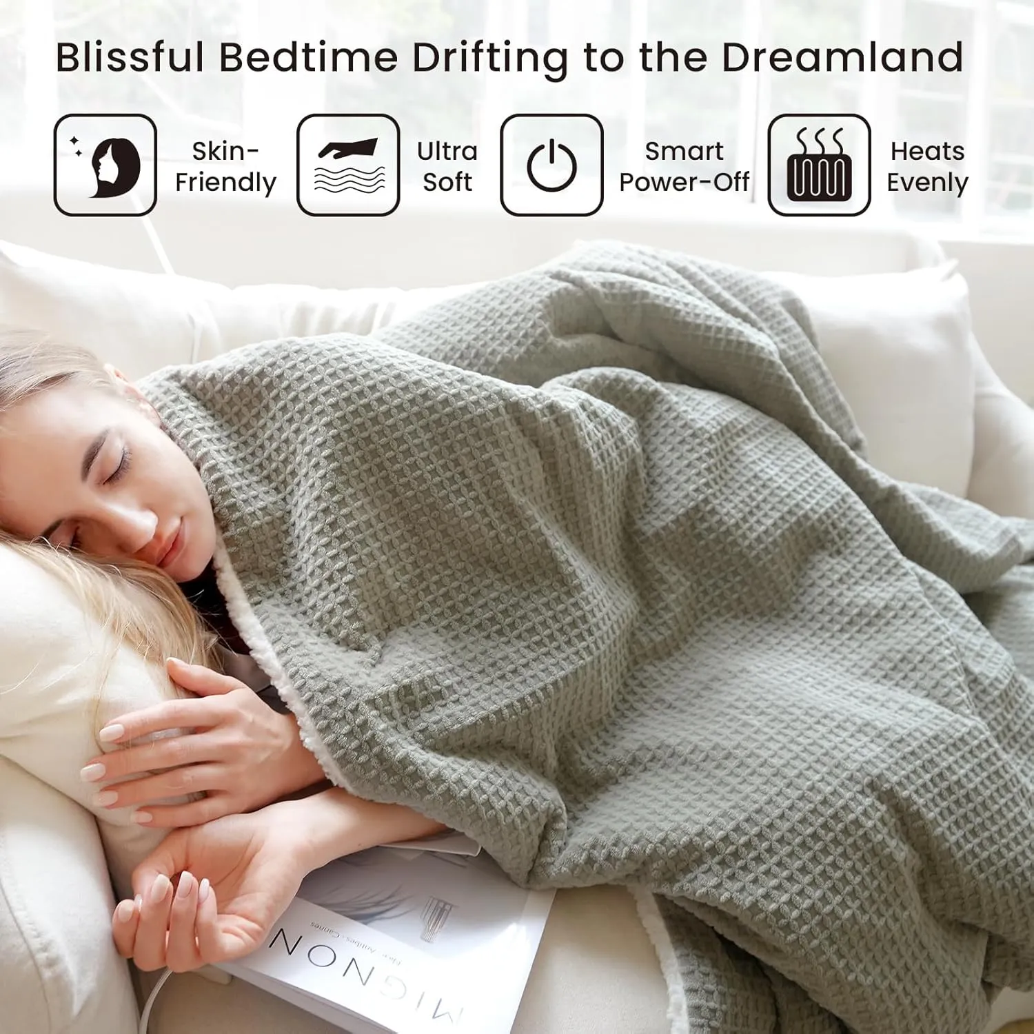 Heated Blanket Electric Throw Waffle, 50x60 Inches Sherpa Fleece Fast Heating Blanket 6 Heating Levels & 4 Hours Auto Off ETL Certification, Grey Throw