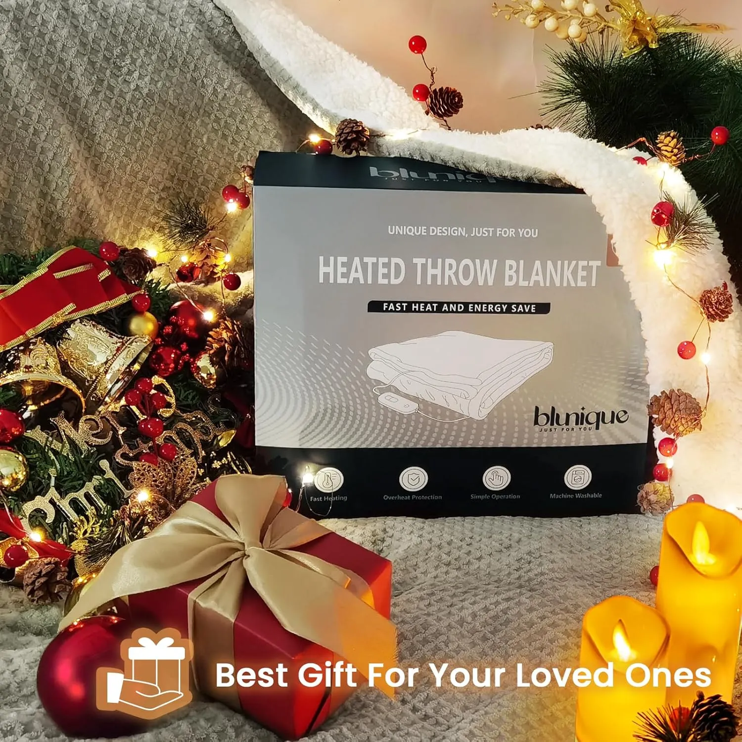 Heated Blanket Electric Throw Waffle, 50x60 Inches Sherpa Fleece Fast Heating Blanket 6 Heating Levels & 4 Hours Auto Off ETL Certification, Grey Throw
