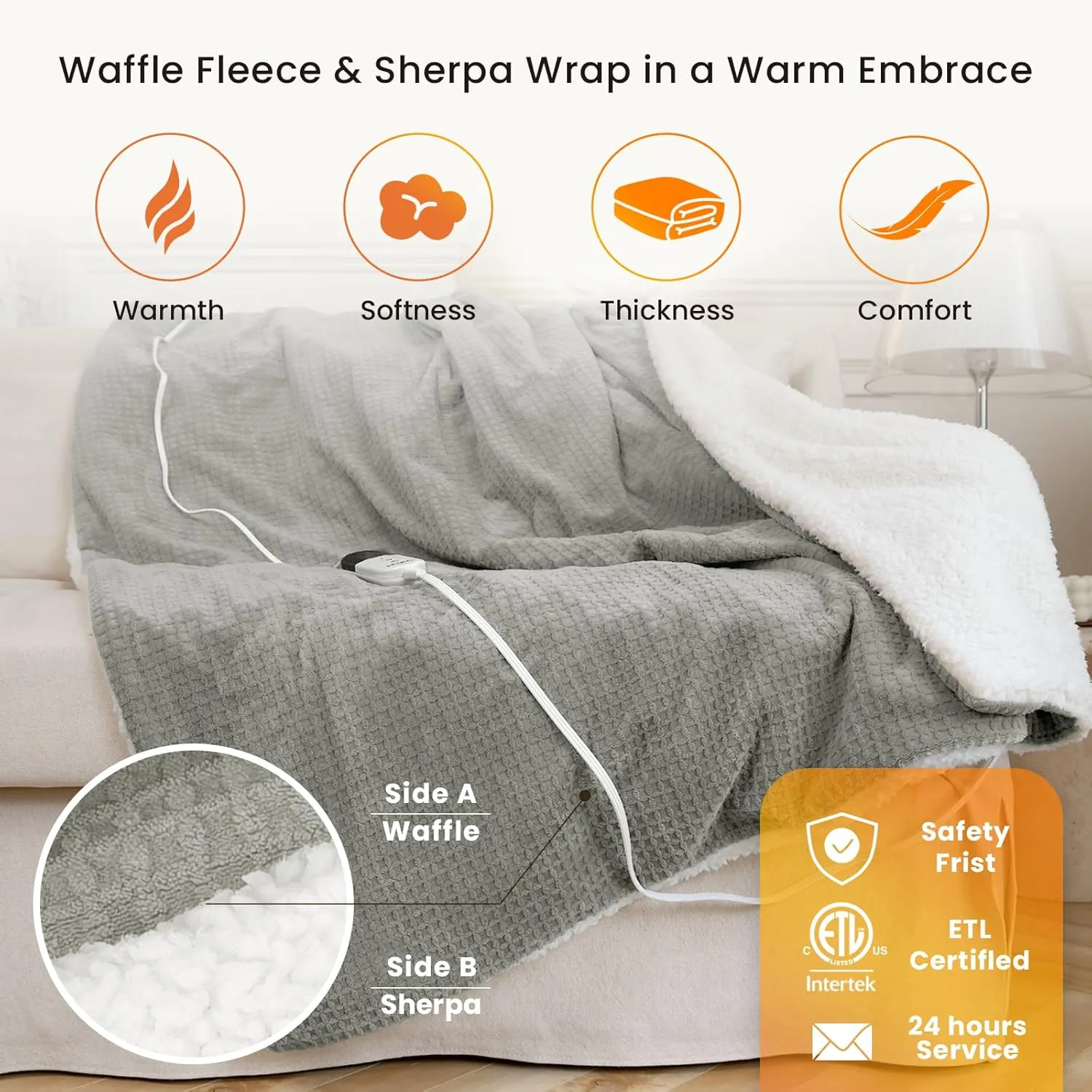 Heated Blanket Electric Throw Waffle, 50x60 Inches Sherpa Fleece Fast Heating Blanket 6 Heating Levels & 4 Hours Auto Off ETL Certification, Grey Throw