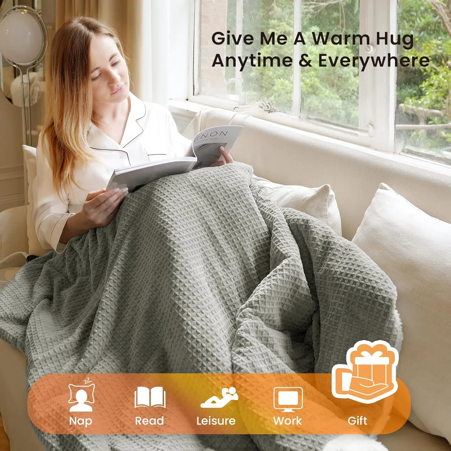 Heated Blanket Electric Throw Waffle, 50x60 Inches Sherpa Fleece Fast Heating Blanket 6 Heating Levels & 4 Hours Auto Off ETL Certification, Grey Throw