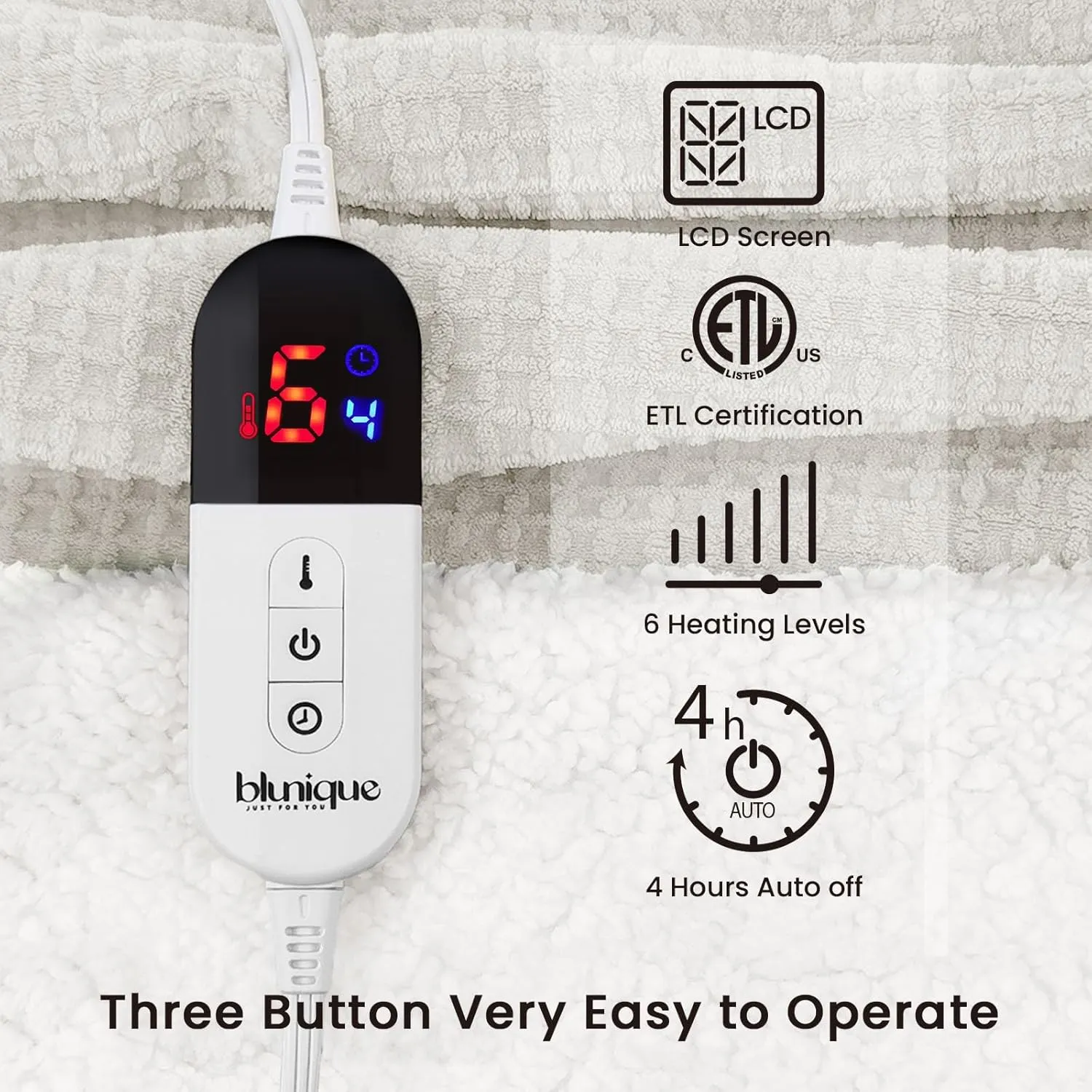 Heated Blanket Electric Throw Waffle, 50x60 Inches Sherpa Fleece Fast Heating Blanket 6 Heating Levels & 4 Hours Auto Off ETL Certification, Light Gray Throw