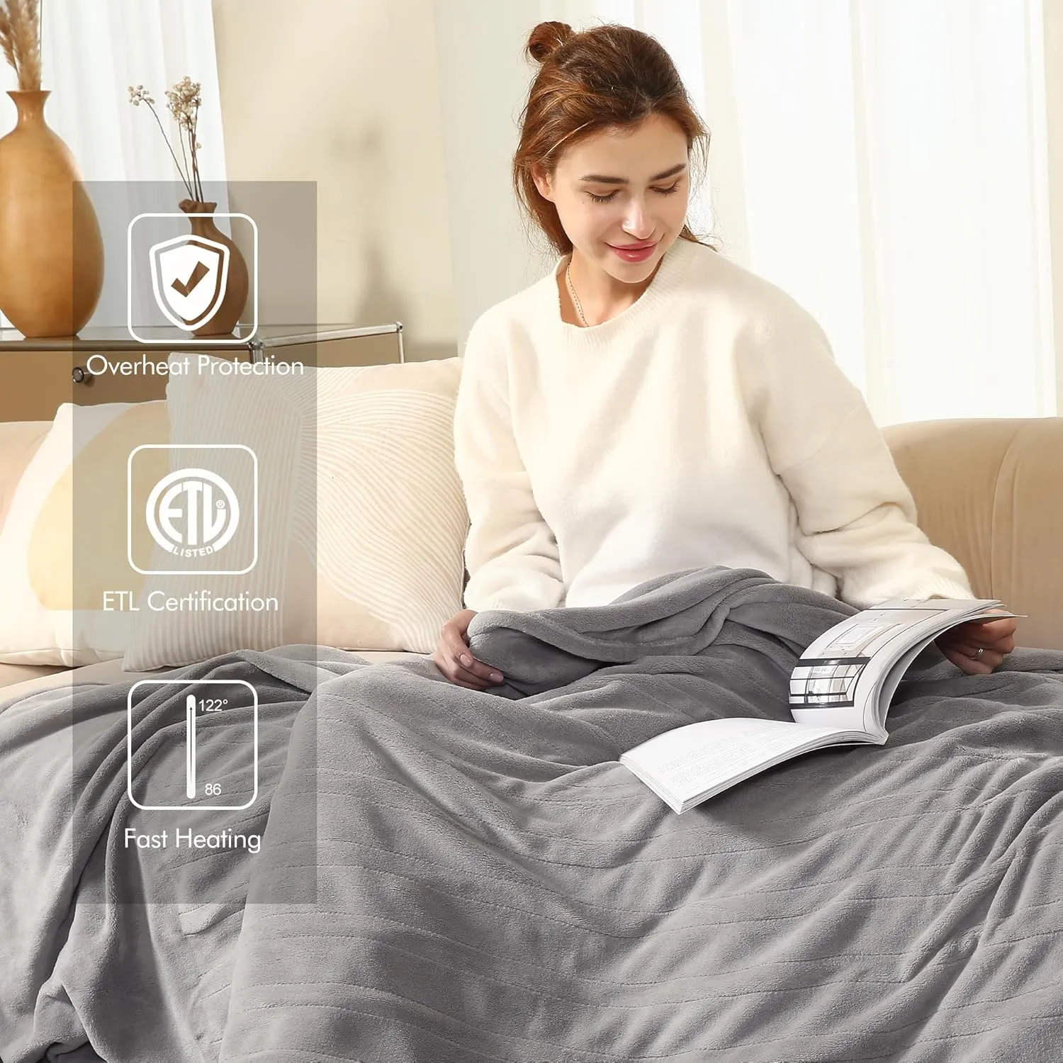 Heated Blanket Full Size - 72"x84" Full Size Electric Blanket with Preheat Function & Overheat Protection, 6 Heating Levels Heated Blanket with 1-10 Hours Adjustable Timer, Light Gray