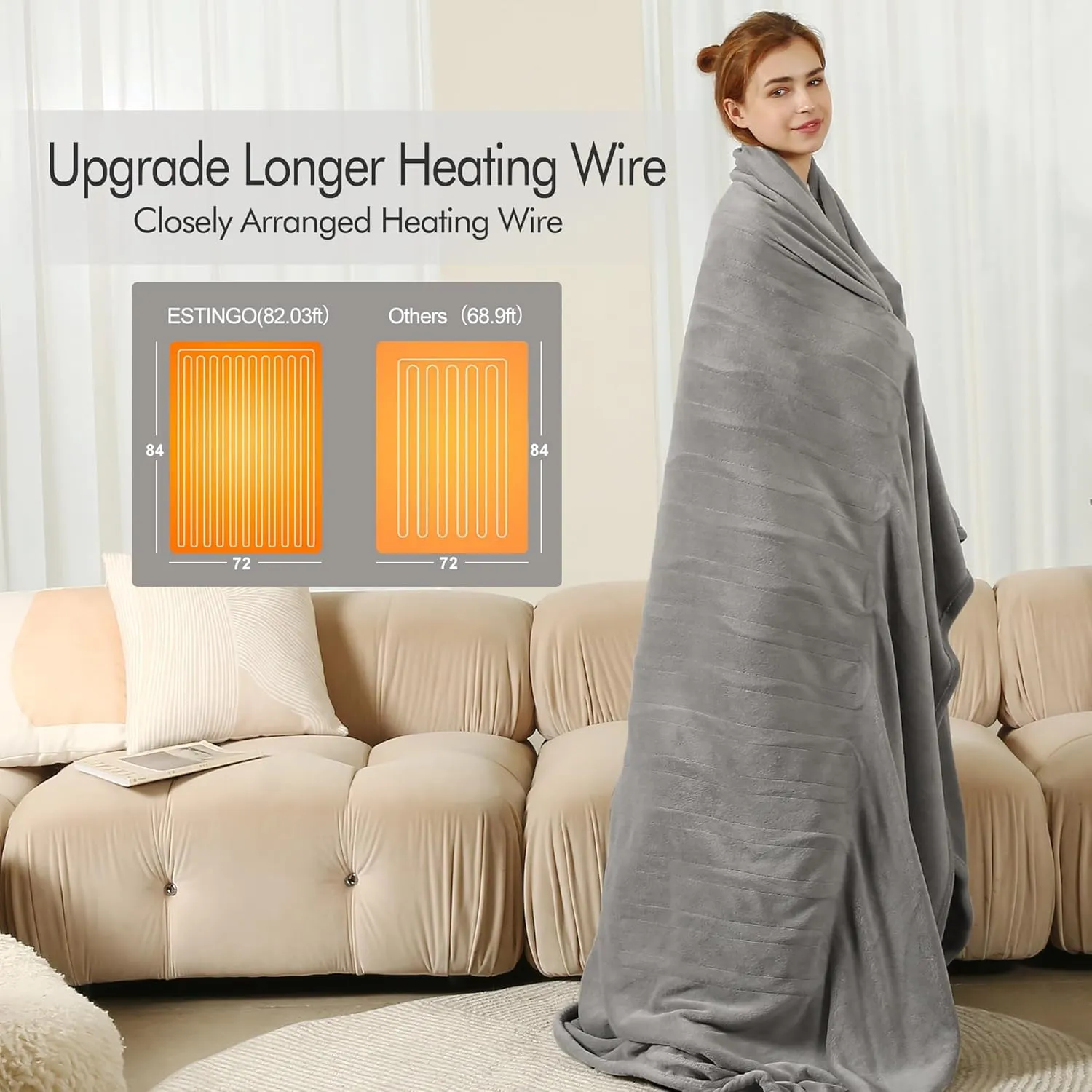 Heated Blanket Full Size - 72"x84" Full Size Electric Blanket with Preheat Function & Overheat Protection, 6 Heating Levels Heated Blanket with 1-10 Hours Adjustable Timer, Light Gray