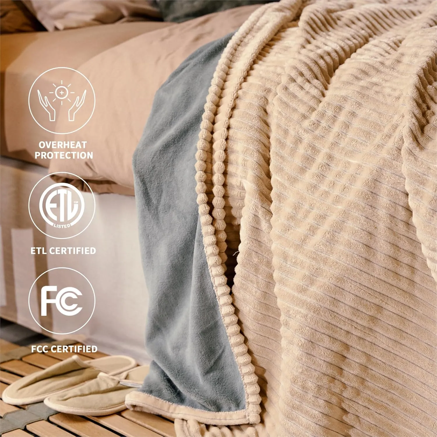 Heated Blanket Queen Size 84"x90",ETL Certification-6 Heating Levels Electric Blanket&1-10 Hour Auto Off,Heating Blanket with Dual Controller(Beige)