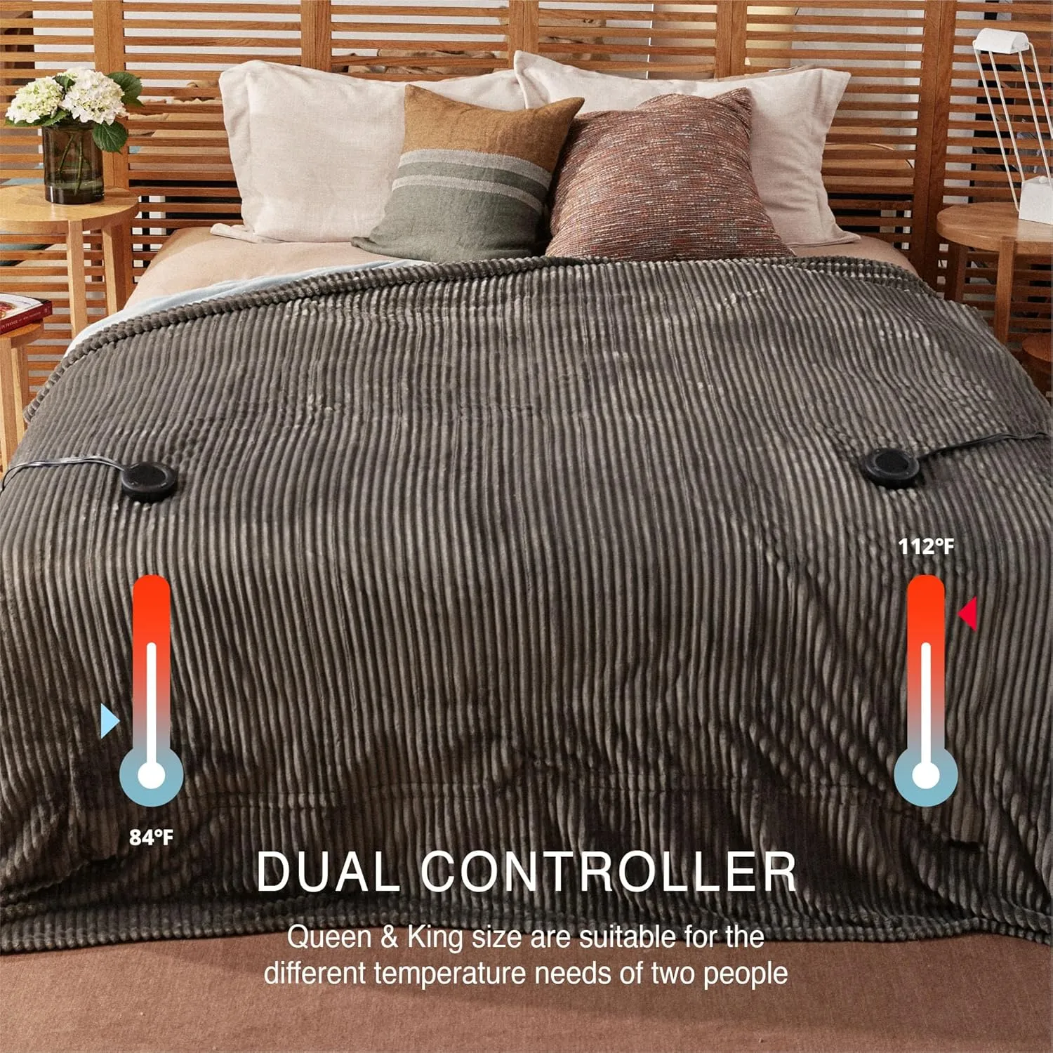 Heated Blanket Queen Size 84"x90",ETL Certification-6 Heating Levels Electric Blanket&1-10 Hour Auto Off,Heating Blanket with Dual Controller(Grey)