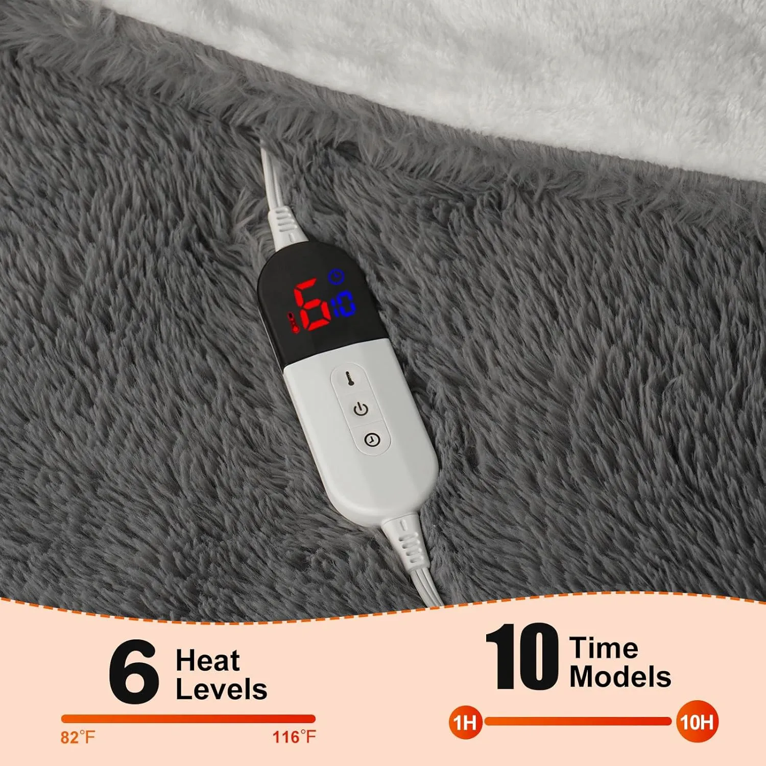 Heated Blanket - Soft Shaggy Faux Rabbit Fur Electric Blanket, Fast Heating with 10 Hour Auto Shut Off, 6 Heating Levels (84"x90", Grey)