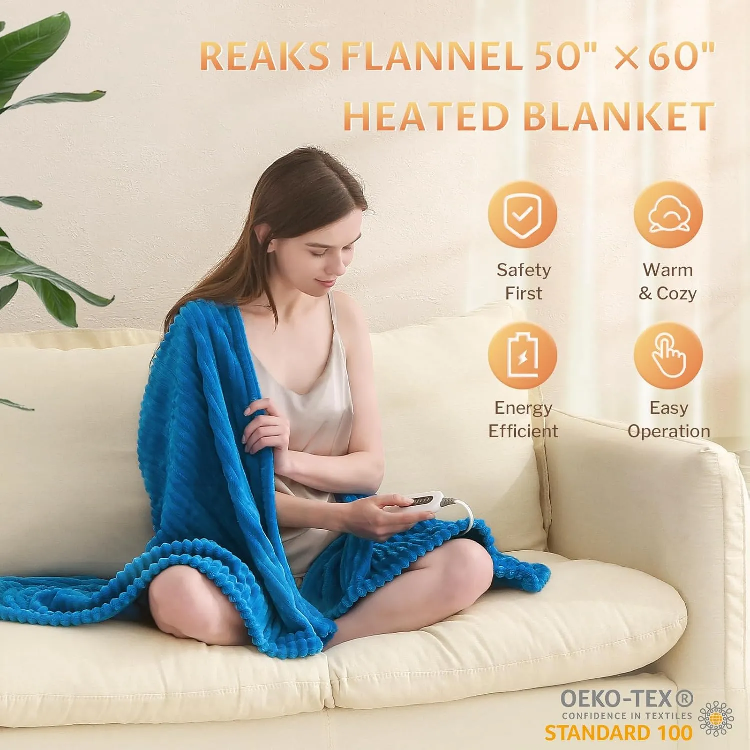 Heated Blanket Throw - 50" x 60" Electric Blanket with 4 Fast Heating Levels & 3 Hours Auto Off, Soft Flannel Heating Blankets for Home Office, Machine Washable, Blue