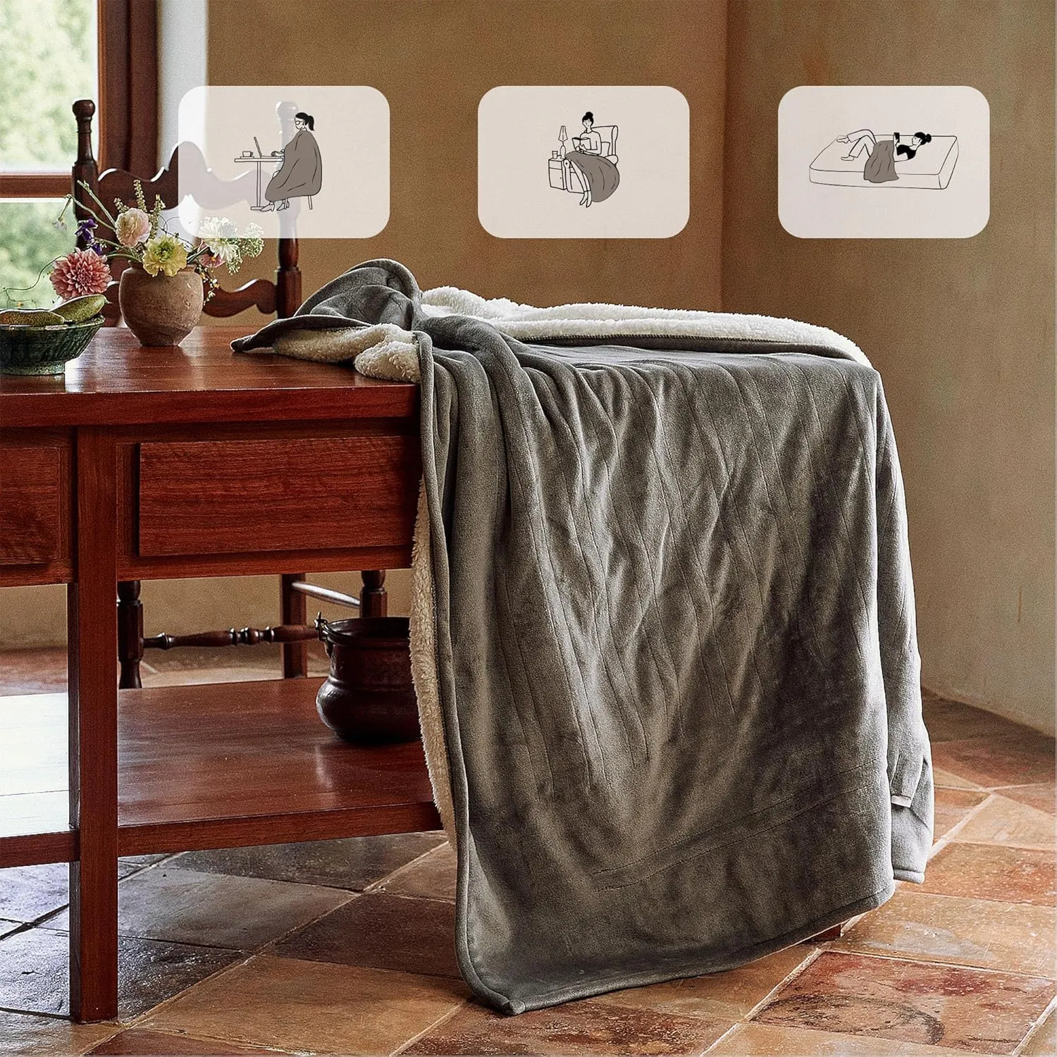 Heated Blanket Throw 50"x60" - Machine Washable Electric Throw Blanket Office Heated Throw Blanket with ETL & FCC Certification 5 Heating Levels 3 Hour Auto-Off Overheat Protection (Grey)