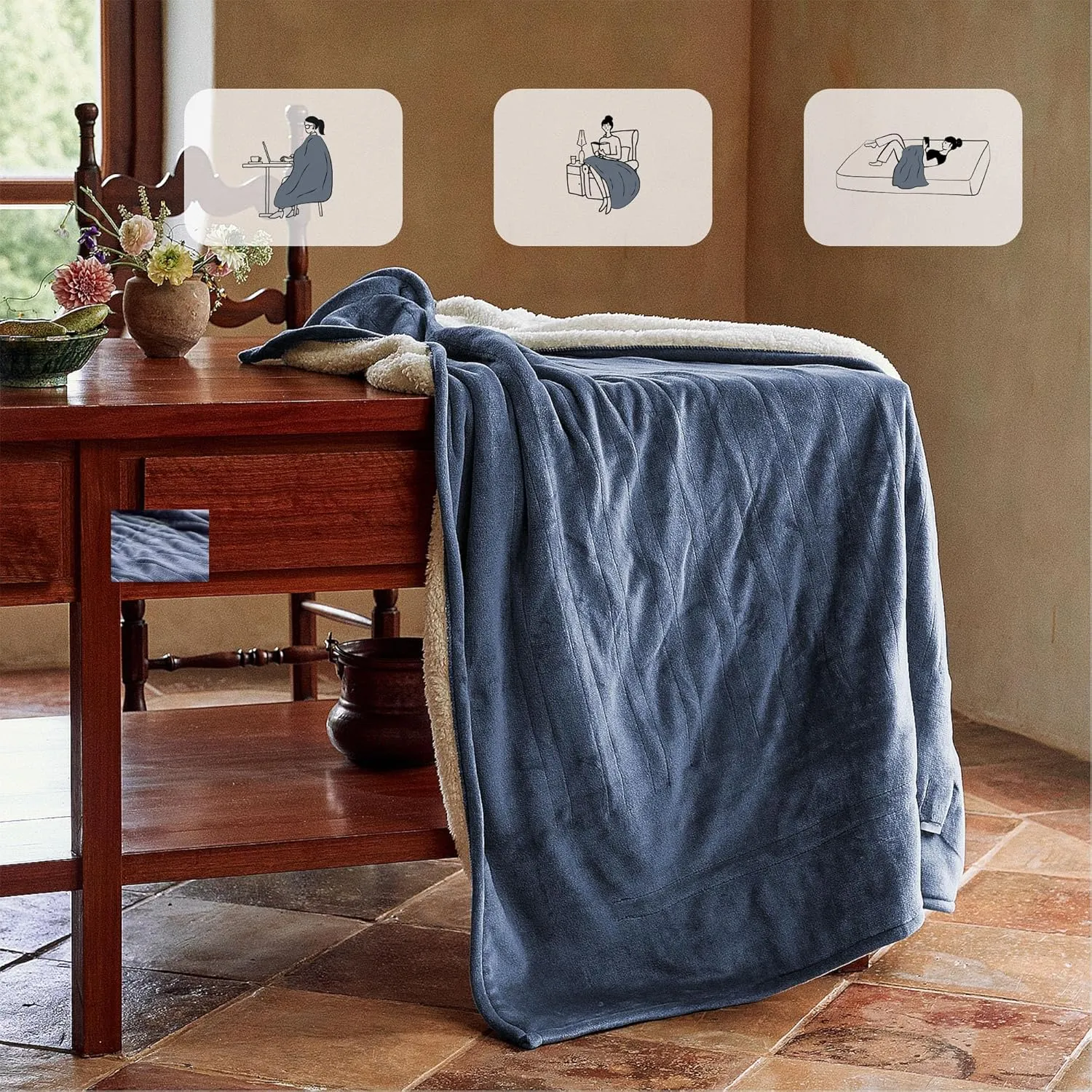 Heated Blanket Throw 50"x60" - Machine Washable Electric Throw Blanket Office Heated Throw Blanket with ETL & FCC Certification 5 Heating Levels 3 Hour Auto-Off Overheat Protection(Blue)