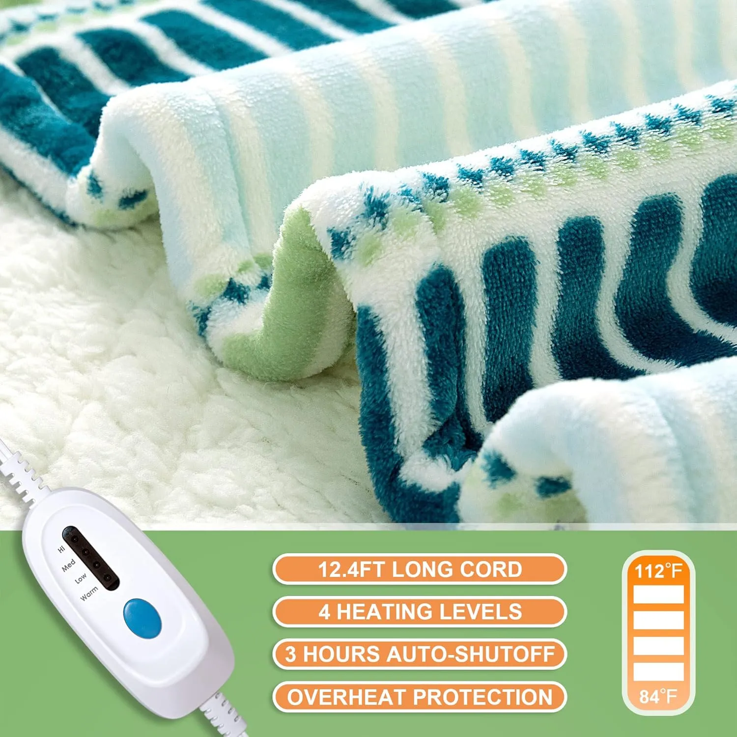 Heated Blanket Throw 50"x60" - Machine Washable Electric Throw Blanket Printed Heated Throw Blanket with ETL & FCC Certification 4 Heating Levels 3 Hours Auto-Off Overheat Protection (Strip)