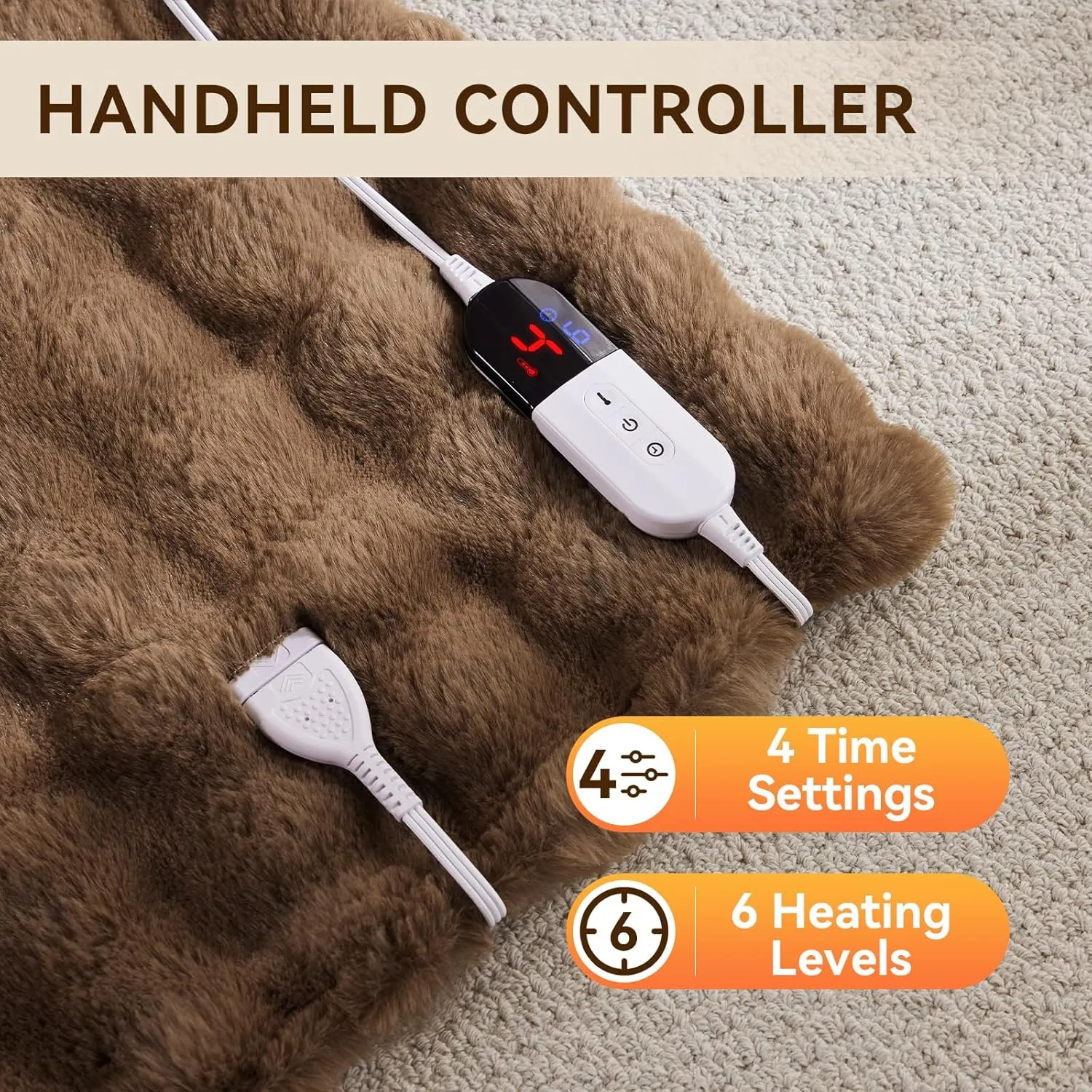 Heated Blanket Throw with 4 Hours Auto-Off 6 Heat Level, 50'' * 60'' Cozy Faux Rabbit Fur Bubble Electric Blanket with Overheat Protection, Soft Fast Heating Blanket with ETL (Brown)