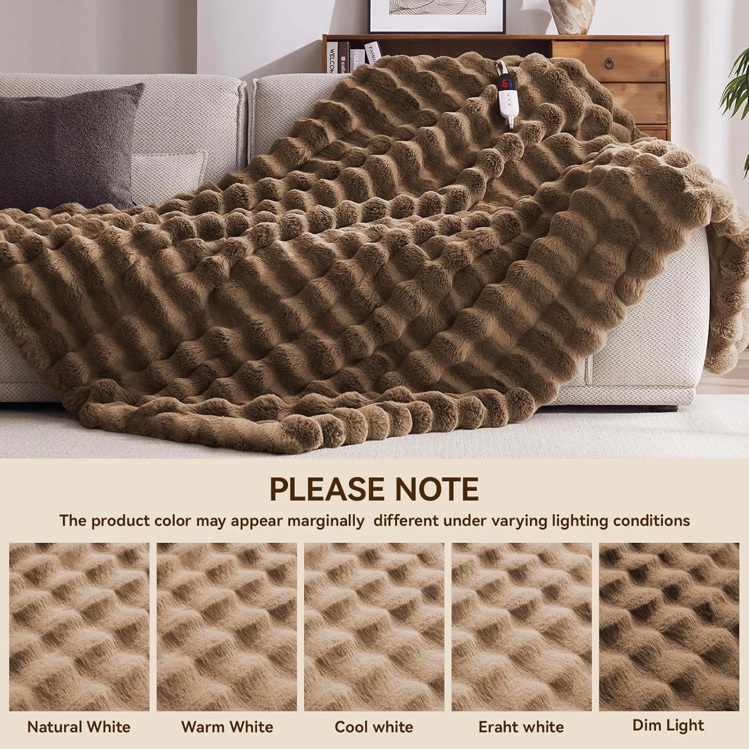 Heated Blanket Throw with 4 Hours Auto-Off 6 Heat Level, 50'' * 60'' Cozy Faux Rabbit Fur Bubble Electric Blanket with Overheat Protection, Soft Fast Heating Blanket with ETL (Brown)