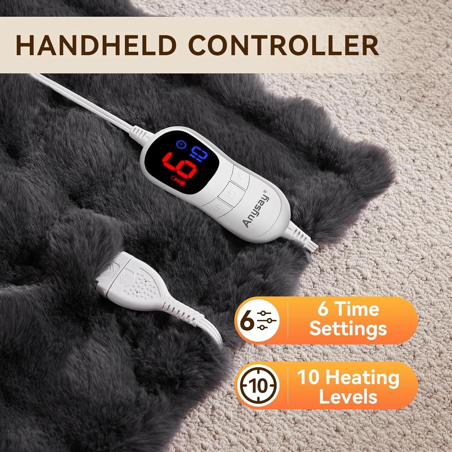 Heated Blanket Throw with 4 Hours Auto-Off 6 Heat Level, 50'' * 60'' Cozy Faux Rabbit Fur Bubble Electric Blanket with Overheat Protection, Soft Fast Heating Blanket with ETL (Dark Grey)
