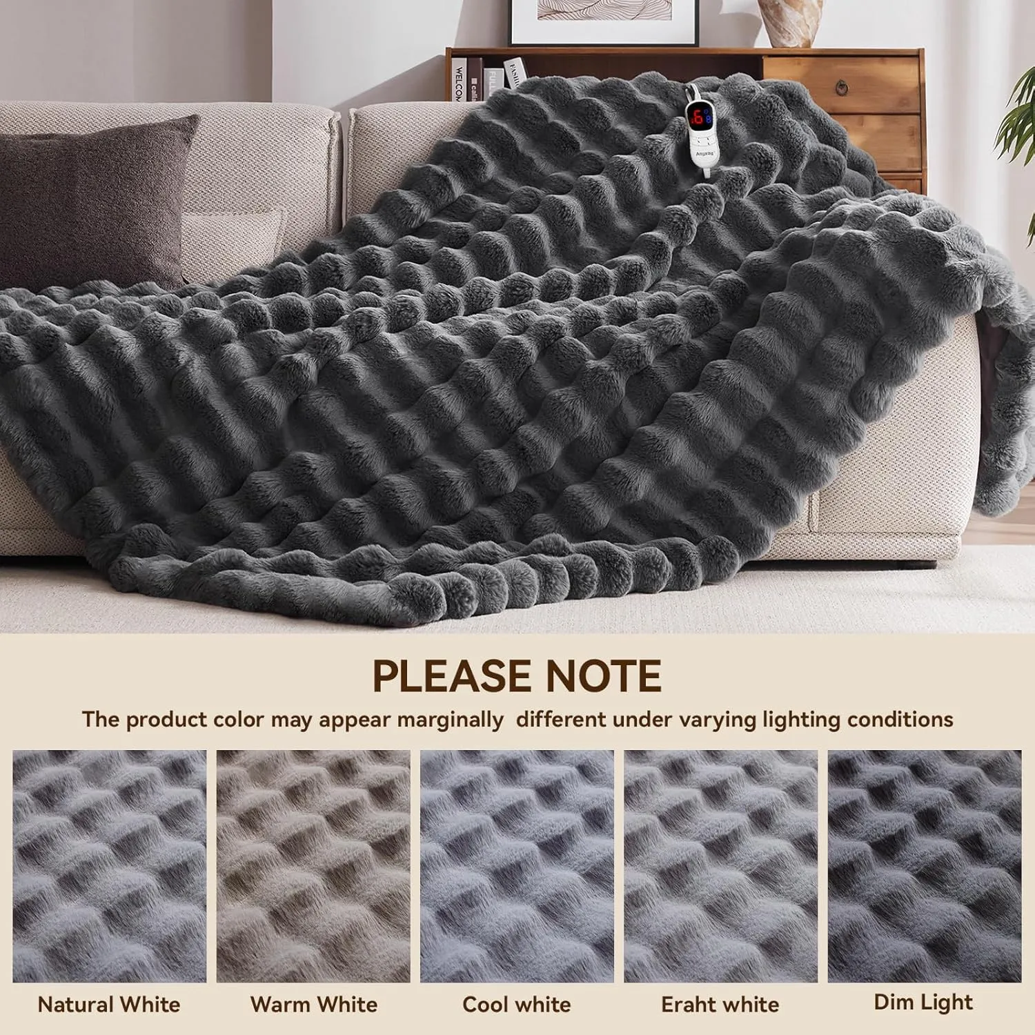 Heated Blanket Throw with 4 Hours Auto-Off 6 Heat Level, 50'' * 60'' Cozy Faux Rabbit Fur Bubble Electric Blanket with Overheat Protection, Soft Fast Heating Blanket with ETL (Dark Grey)