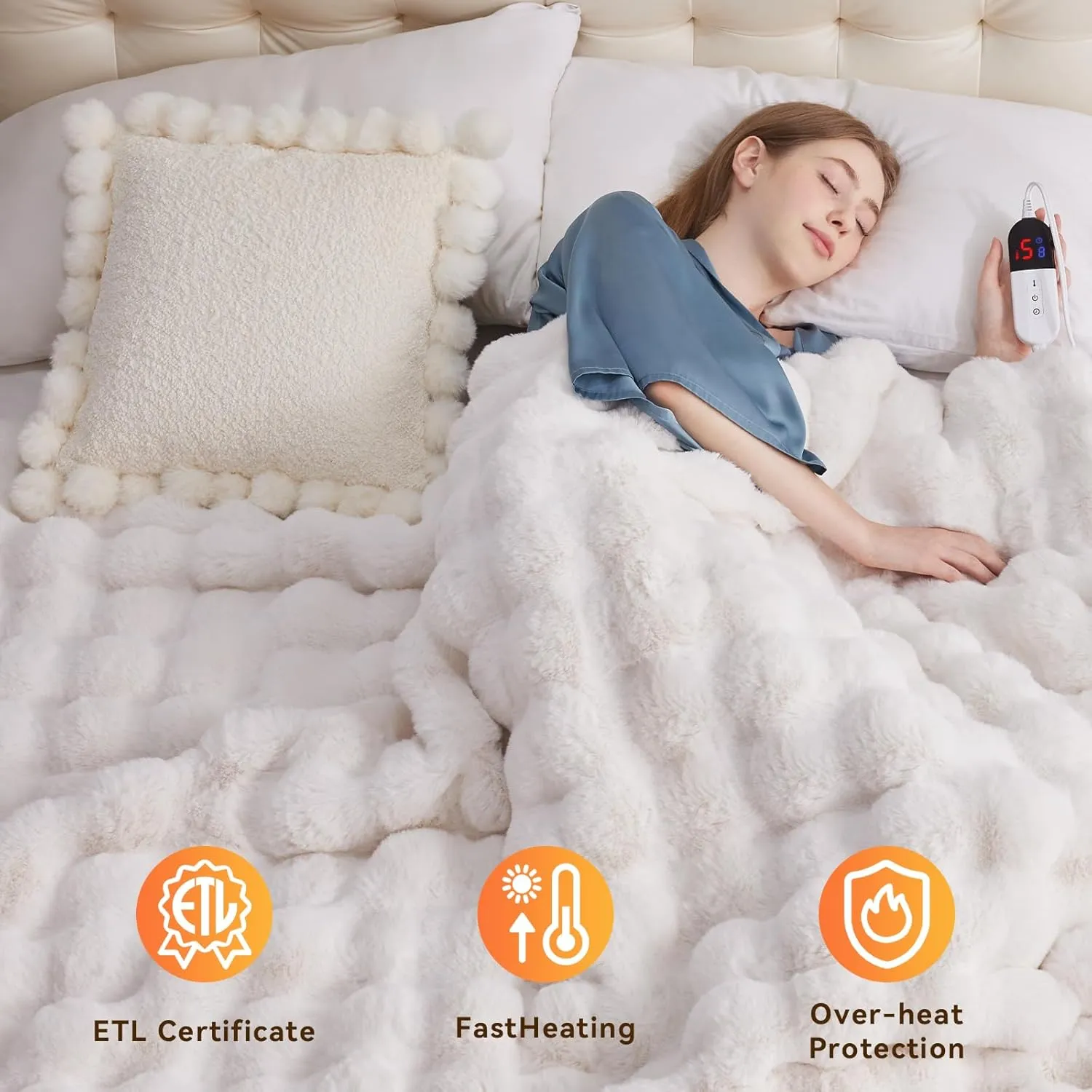 Heated Blanket Throw with 4 Hours Auto-Off 6 Heat Level, 50'' * 60'' Cozy Faux Rabbit Fur Bubble Electric Throw with Overheat Protection, Soft Fast Heating Blanket with ETL (White)