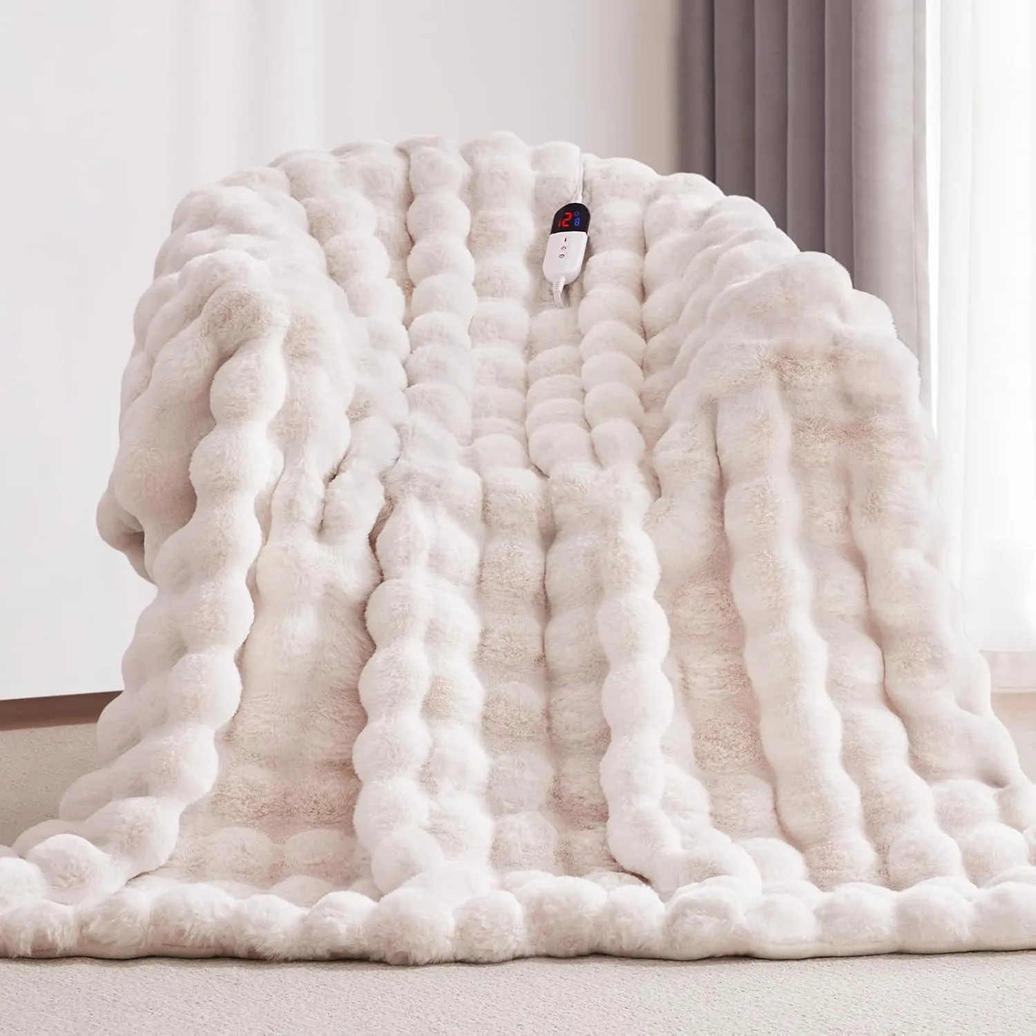 Heated Blanket Throw with 4 Hours Auto-Off 6 Heat Level, 50'' * 60'' Cozy Faux Rabbit Fur Bubble Electric Throw with Overheat Protection, Soft Fast Heating Blanket with ETL (White)
