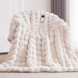 Heated Blanket Throw with 4 Hours Auto-Off 6 Heat Level, 50'' * 60'' Cozy Faux Rabbit Fur Bubble Electric Throw with Overheat Protection, Soft Fast Heating Blanket with ETL (White)