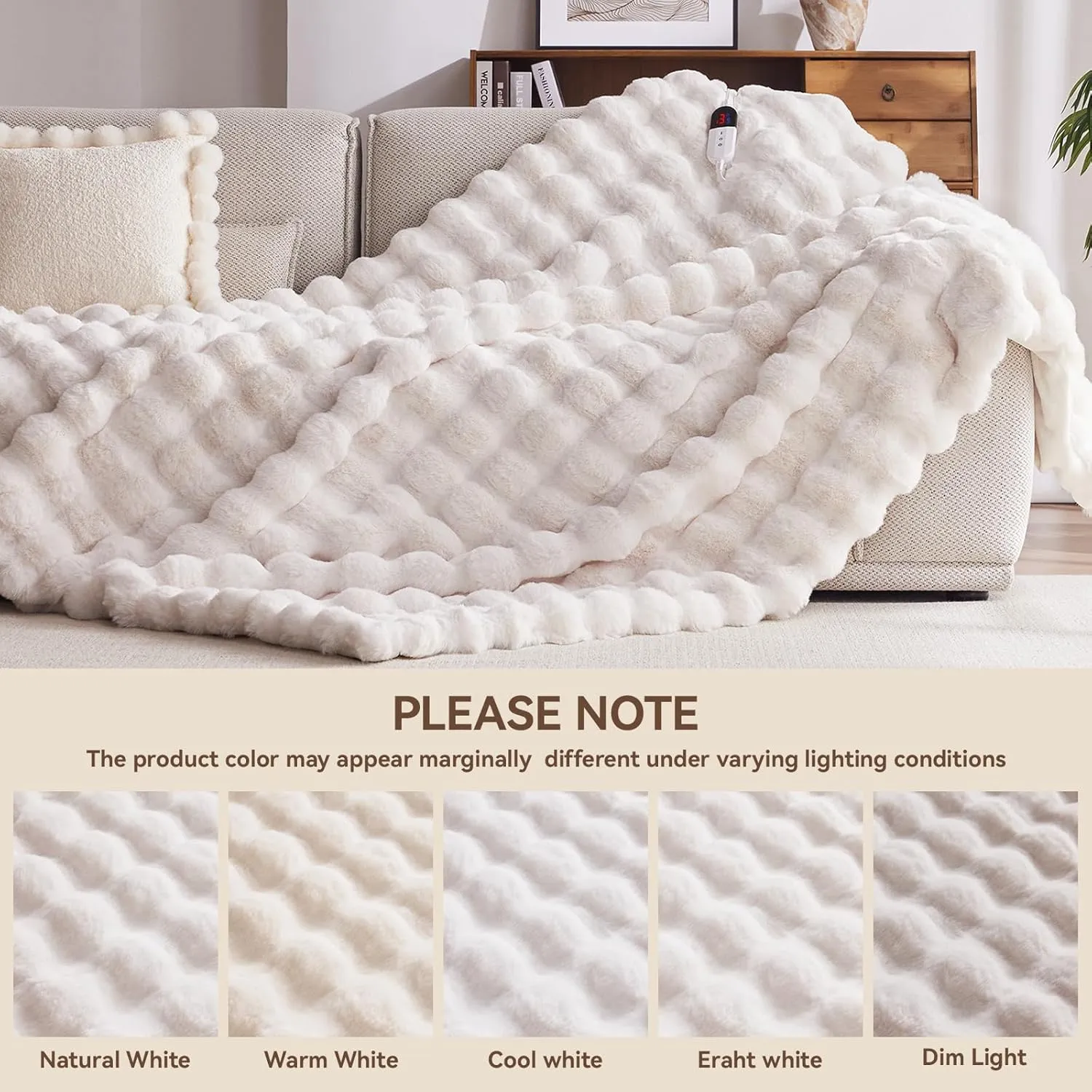Heated Blanket Throw with 4 Hours Auto-Off 6 Heat Level, 50'' * 60'' Cozy Faux Rabbit Fur Bubble Electric Throw with Overheat Protection, Soft Fast Heating Blanket with ETL (White)