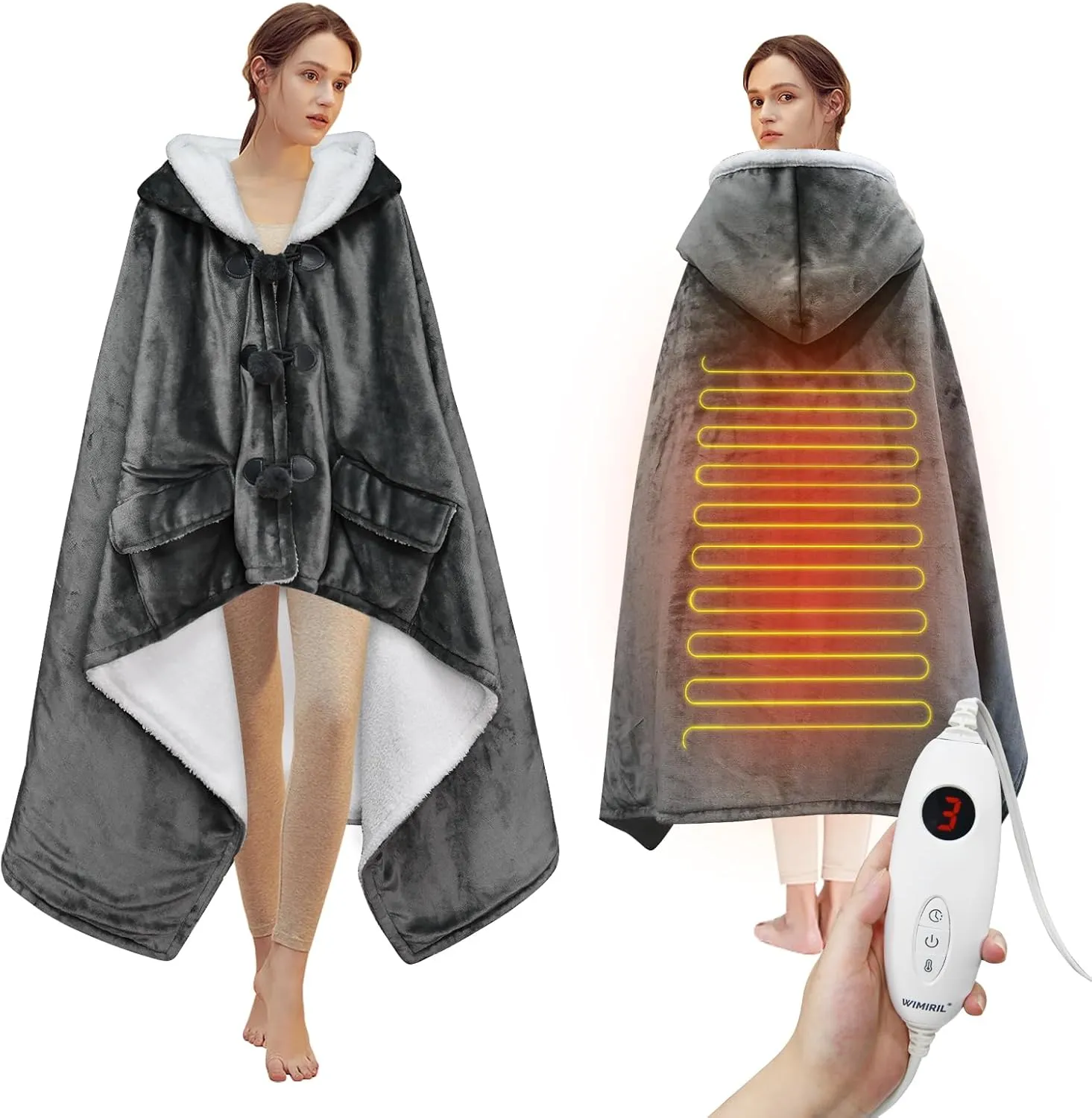 Heated Blanket Wearable Shawl, Electric Heated Wrap Poncho Shawl 50 x 70 Inch with Pockets for Adult, Warm Sherpa Heating Throw with 3 Heating Levels & Multi Time Settings