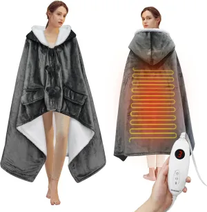 Heated Blanket Wearable Shawl, Electric Heated Wrap Poncho Shawl 50 x 70 Inch with Pockets for Adult, Warm Sherpa Heating Throw with 3 Heating Levels & Multi Time Settings