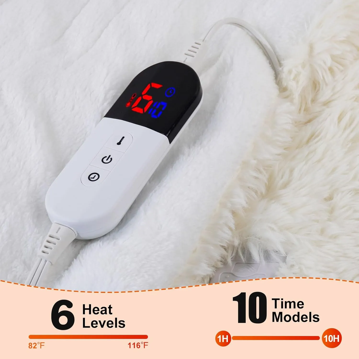 Heated Blanket with 6 Hours Auto-Off 10 Heat Level, 84'' * 90'' Cozy Shaggy Faux Rabbit Fur Electric Blanket with Overheating Protection, Soft Fast Heating Blanket with ETL (White)