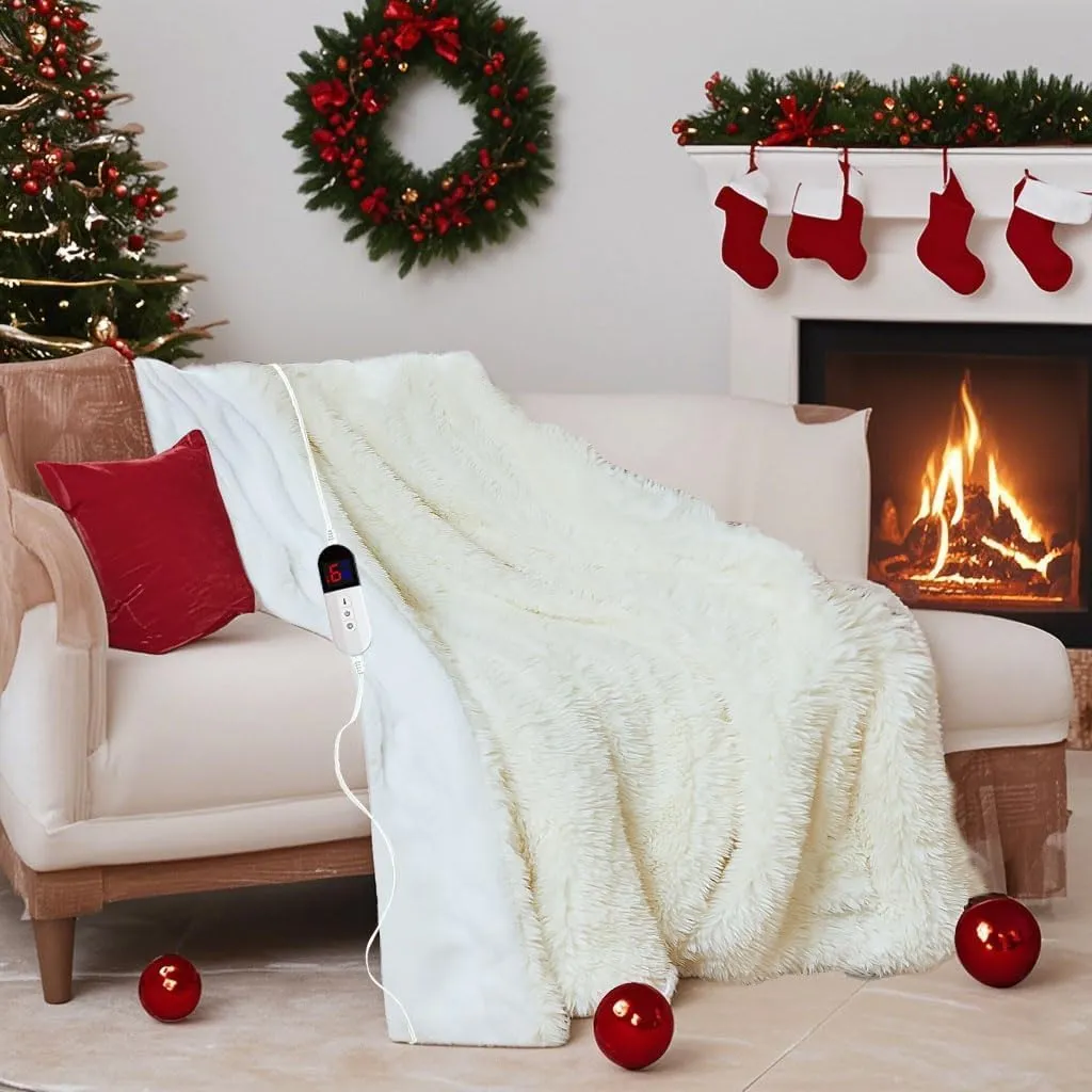 Heated Blanket with 6 Hours Auto-Off 10 Heat Level, 84'' * 90'' Cozy Shaggy Faux Rabbit Fur Electric Blanket with Overheating Protection, Soft Fast Heating Blanket with ETL (White)