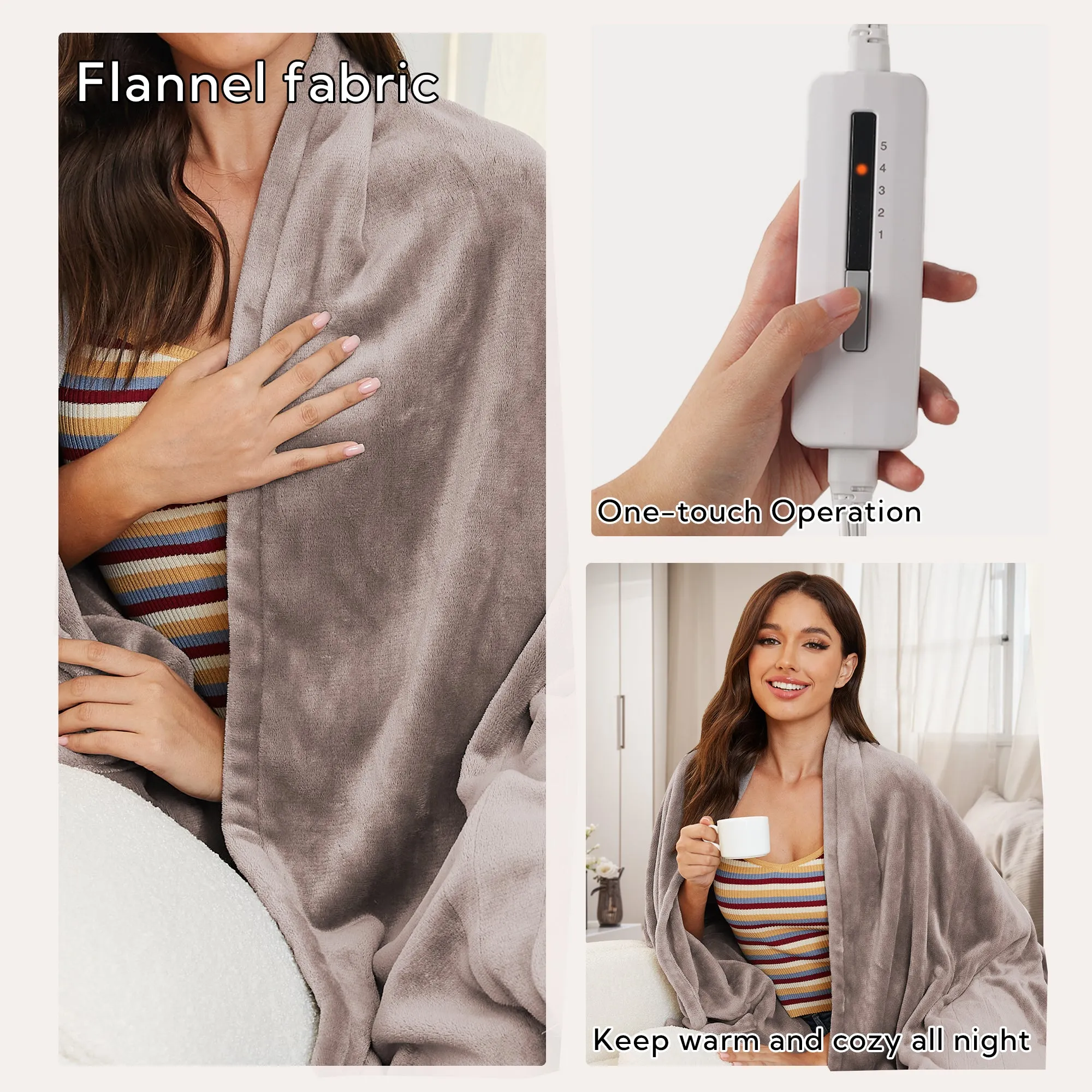 Heated Electric Blanket 50'' x 60'' Throw Size with 4 Heating Levels & 3H Auto Off, Flannel Material Keep Warm all Night, Linen