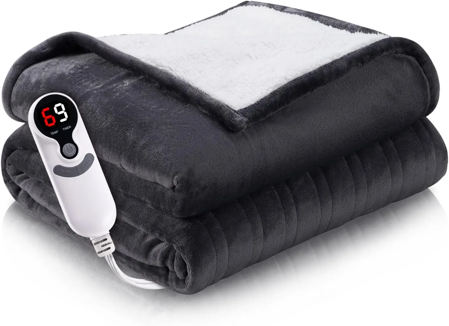 Heated Electric Blanket 62"x84" Twin Size Thickened Flannel and Sherpa with 6 Heating Levels & 10 Hours Auto-Off Overheating Protection-Darkgray