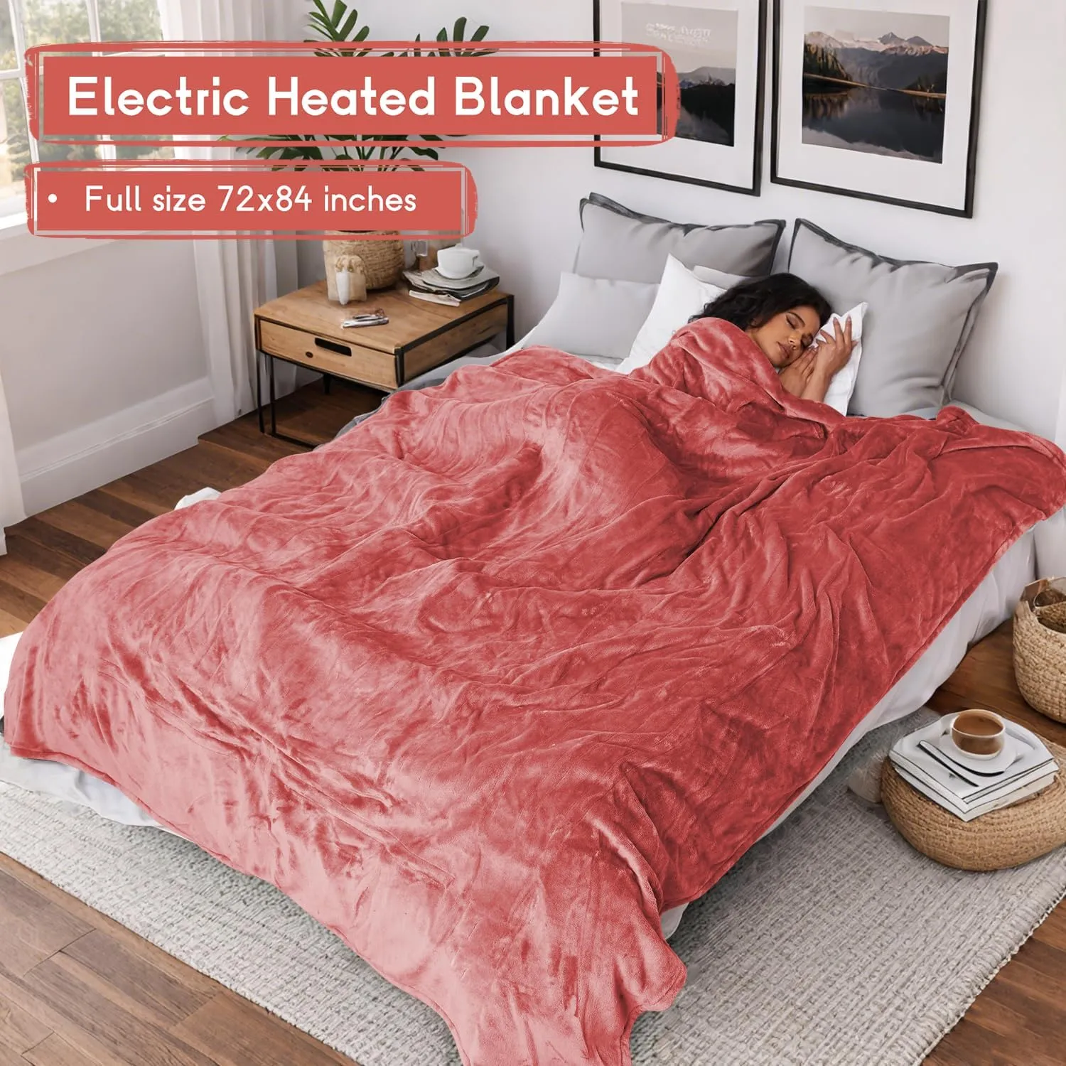 Heated Electric Blanket Full Size 72''x84'', Soft Flannel with 10 Hour Auto Off - 5 Heat Settings - Machine Washable - Brick Red