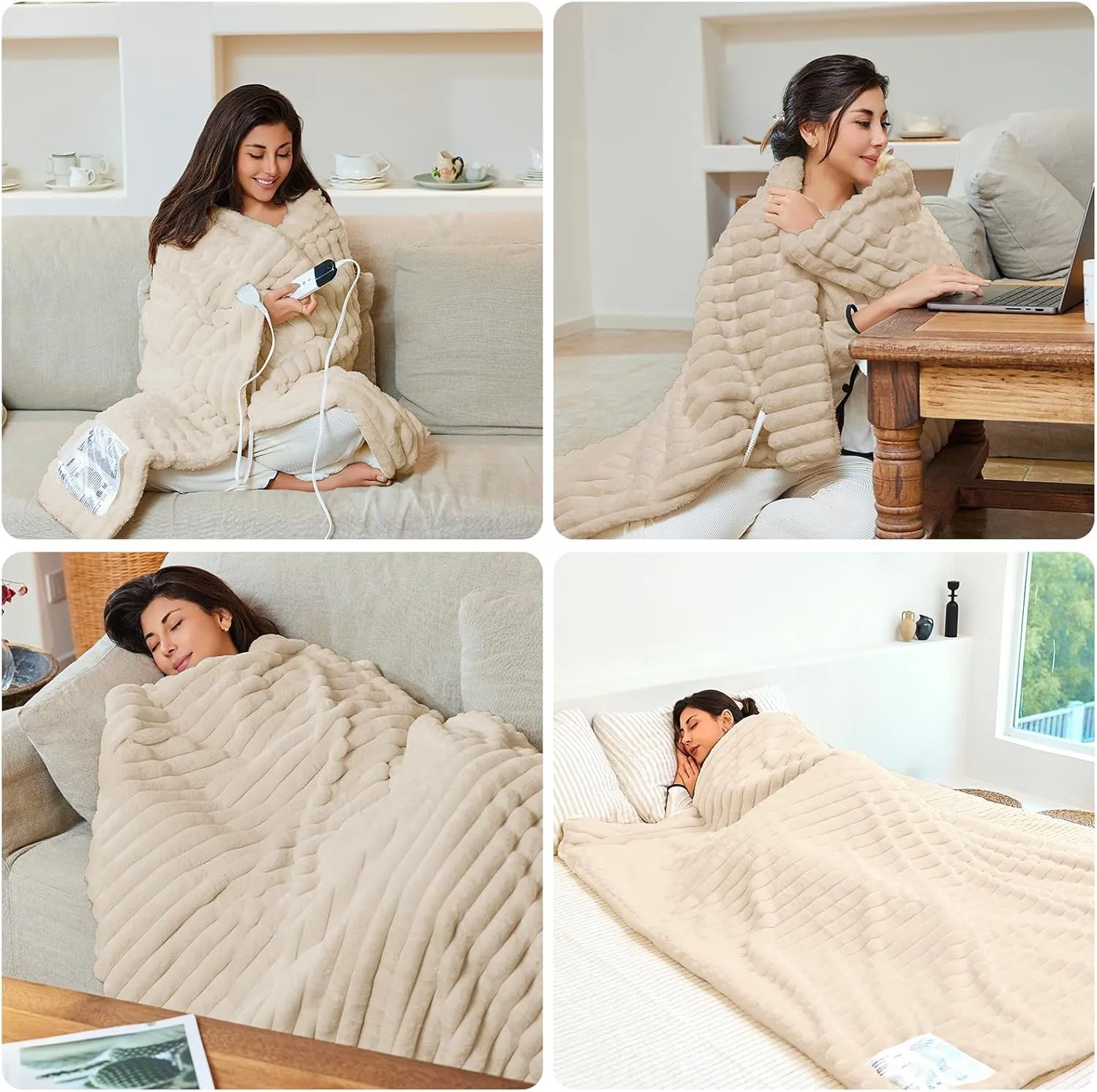 Heated Electric Blanket Throw: 6-Level Fast Heating, 4-Hour Auto-Off, Soft&Warm Stripe Faux Rabbit Fur, for Couch Home Office，with Overheating Protection & ETL Certified (50 x 60,Khaki)