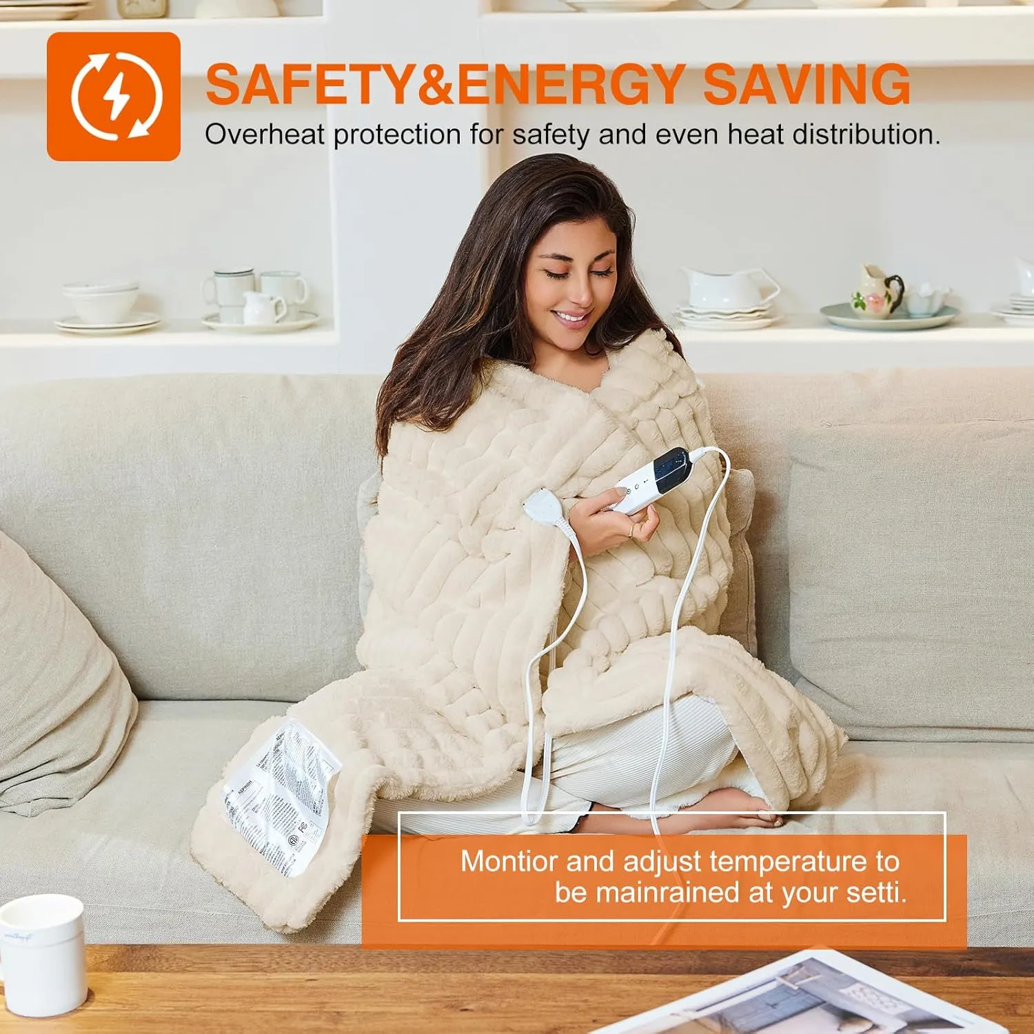 Heated Electric Blanket Throw: 6-Level Fast Heating, 4-Hour Auto-Off, Soft&Warm Stripe Faux Rabbit Fur, for Couch Home Office，with Overheating Protection & ETL Certified (50 x 60,Khaki)