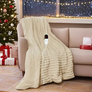 Heated Electric Blanket Throw: 6-Level Fast Heating, 4-Hour Auto-Off, Soft&Warm Stripe Faux Rabbit Fur, for Couch Home Office，with Overheating Protection & ETL Certified (50 x 60,Khaki)