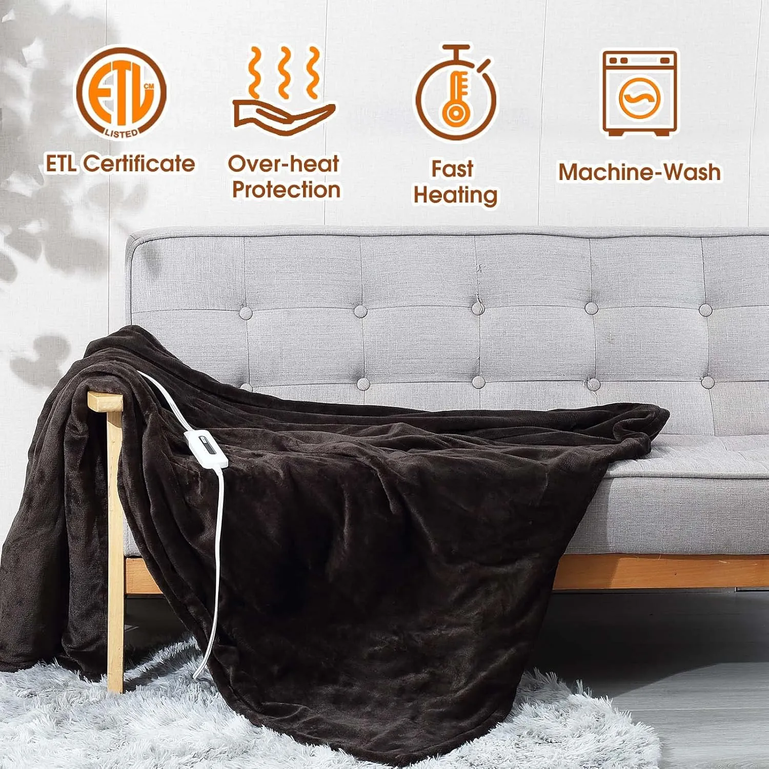 Heated Electric Blanket Throw with 3 Heating Levels, 4H Auto Off, Fast Heating,2 Sided Flannel with ETL Certification and Machine Washable, Home Office Travel Use, 50" x 60"Dark Brown