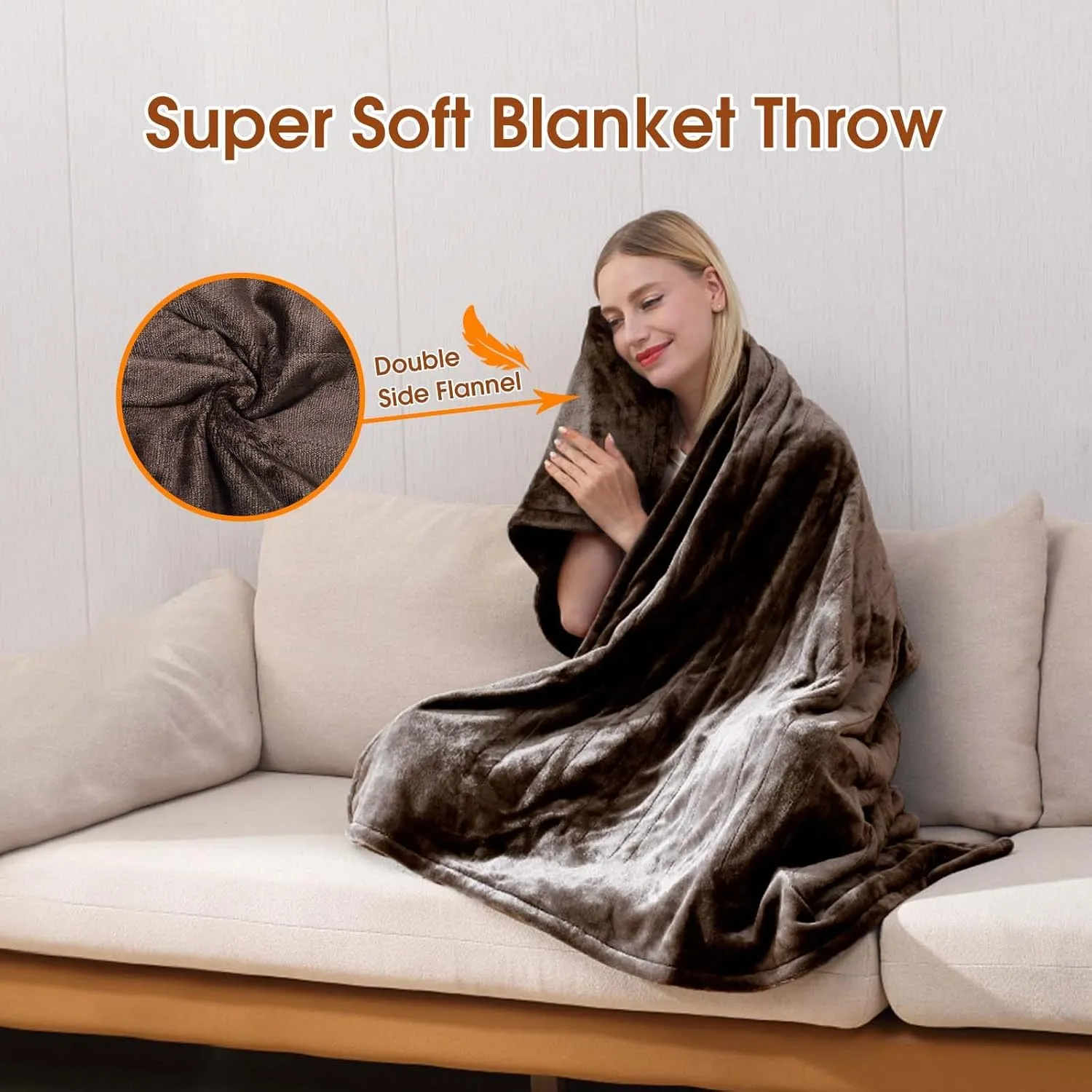 Heated Electric Blanket Throw with 3 Heating Levels, 4H Auto Off, Fast Heating,2 Sided Flannel with ETL Certification and Machine Washable, Home Office Travel Use, 50" x 60"Dark Brown