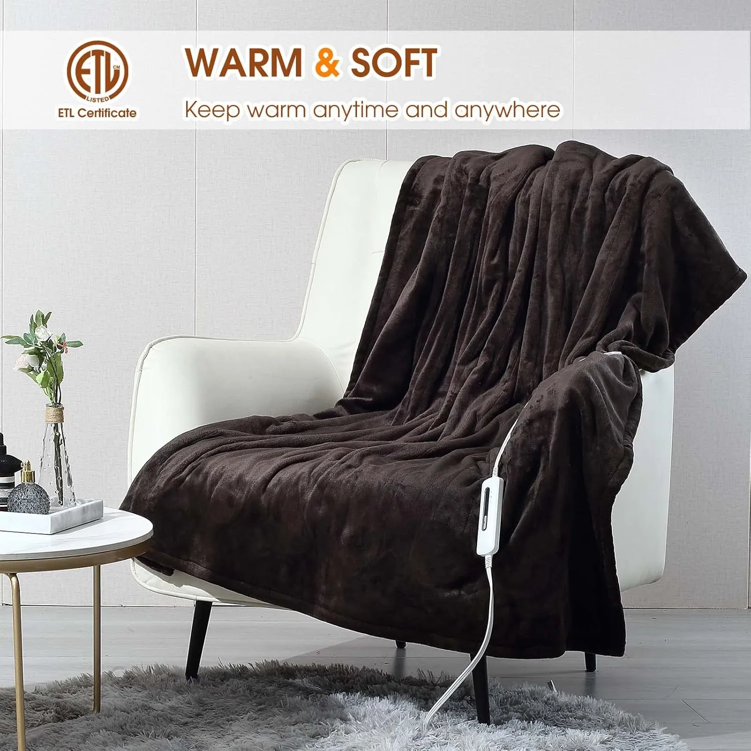 Heated Electric Blanket Throw with 3 Heating Levels, 4H Auto Off, Fast Heating,2 Sided Flannel with ETL Certification and Machine Washable, Home Office Travel Use, 50" x 60"Dark Brown