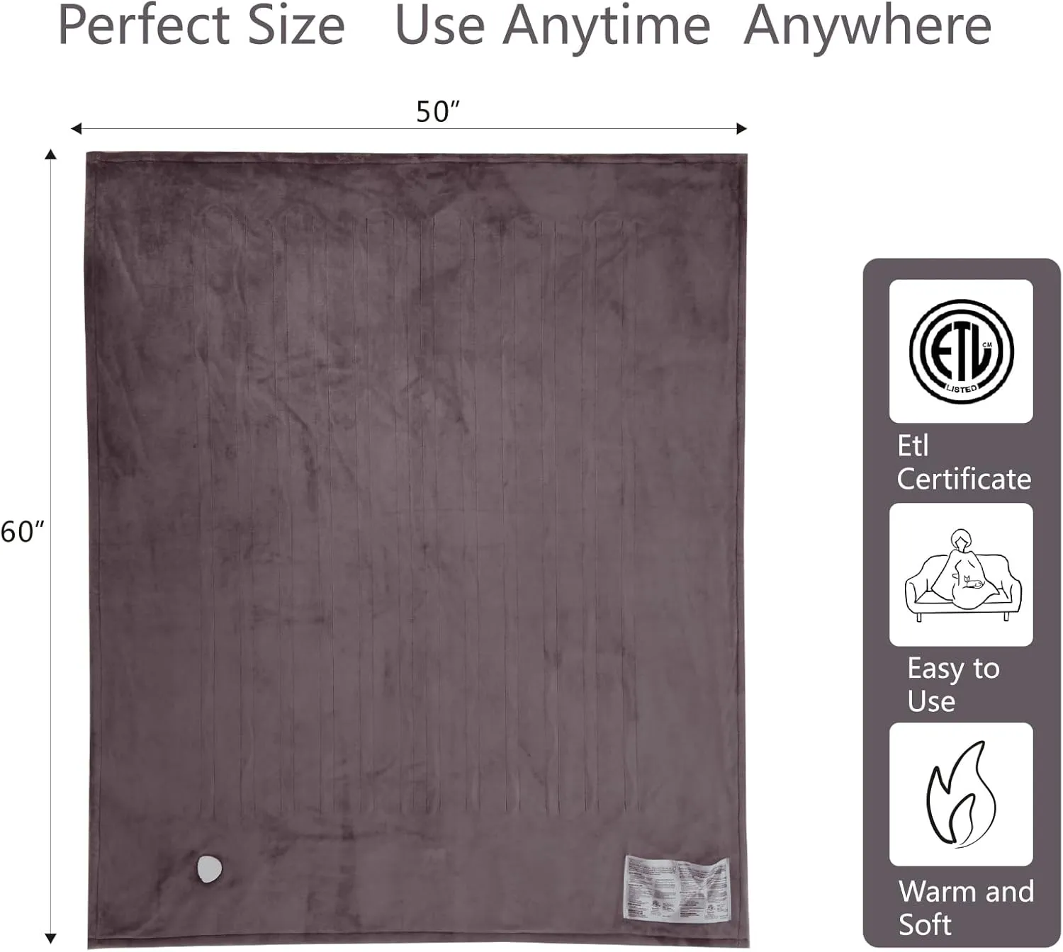 Heated Electric Blanket Throw with 3 Heating Levels, 4H Auto Off, Fast Heating,2 Sided Flannel with ETL Certification and Machine Washable, Home Office Travel Use, 50" x 60"Dark Brown